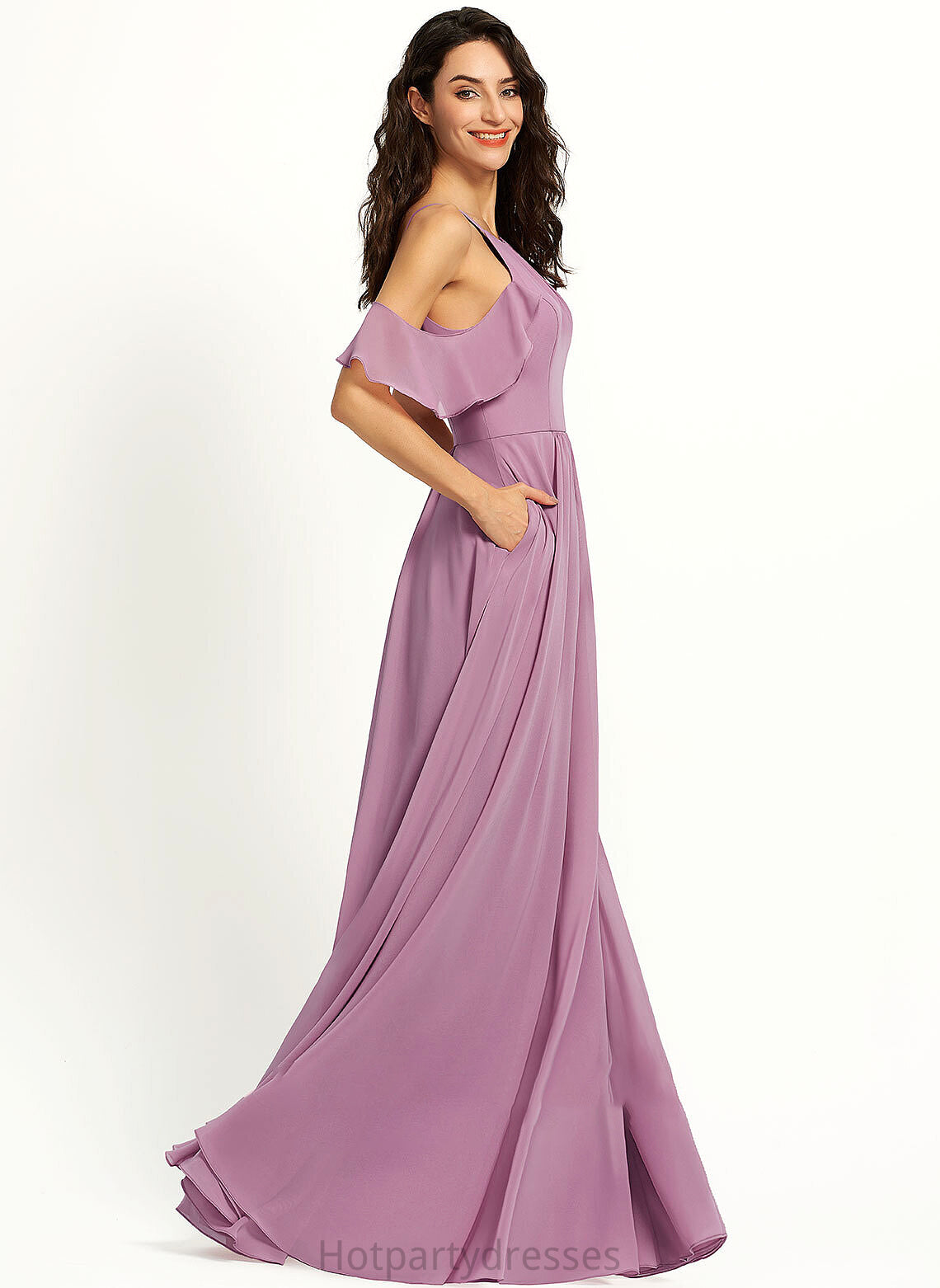 A-Line ScoopNeck Floor-Length Silhouette Neckline Pockets Embellishment Length Fabric Amiya Spaghetti Staps Sleeveless Bridesmaid Dresses