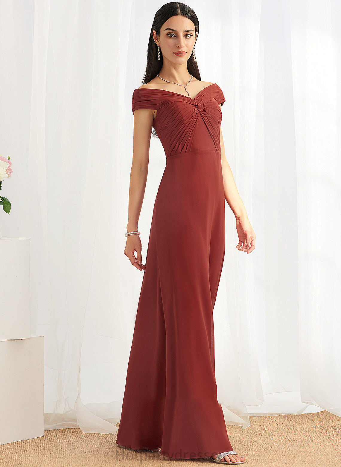 Sheath/Column Fabric Floor-Length Off-the-Shoulder Neckline Length Silhouette Embellishment Ruffle Justine Floor Length V-Neck Bridesmaid Dresses