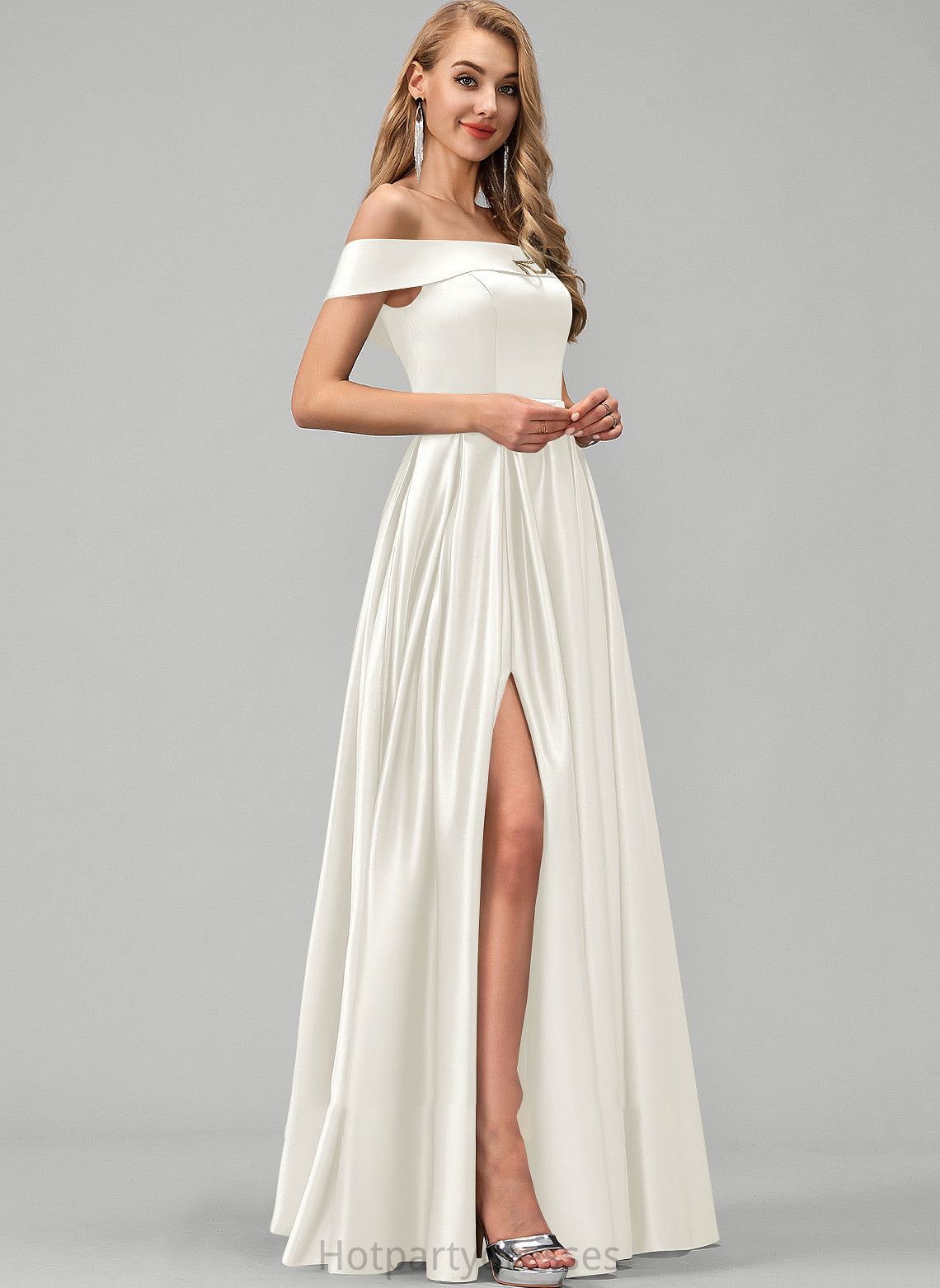 Floor-Length Ball-Gown/Princess Wedding Jacqueline With Off-the-Shoulder Satin Front Wedding Dresses Dress Pockets Split