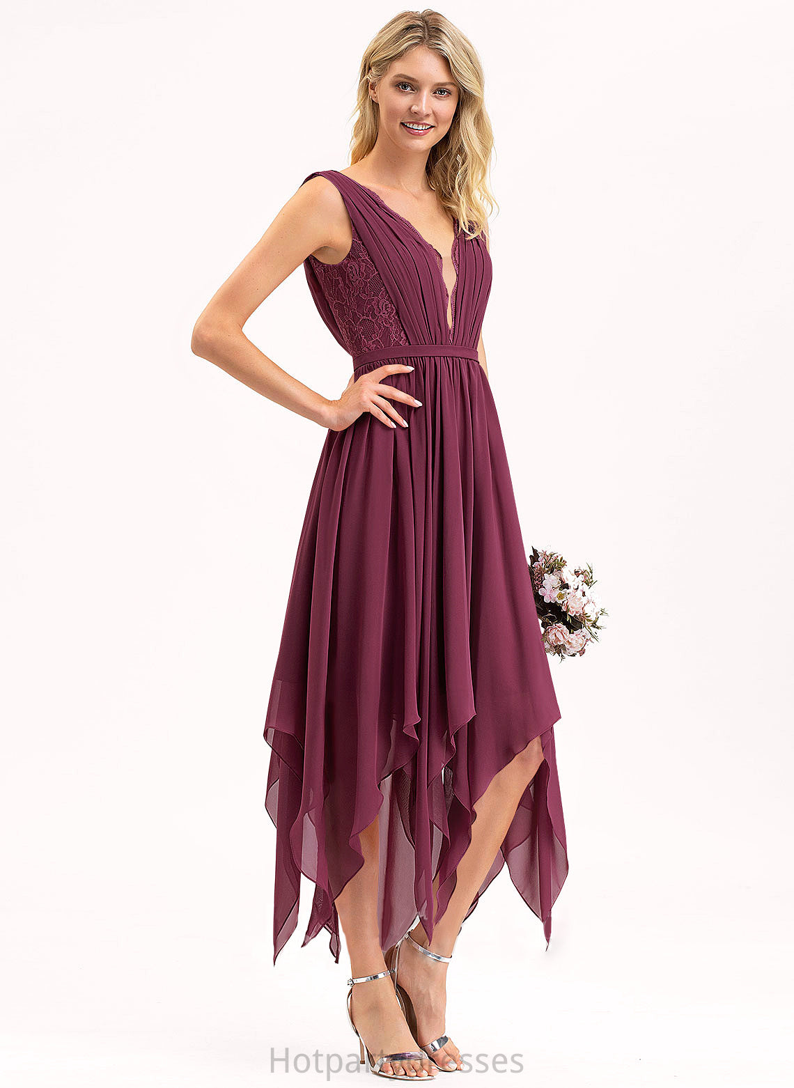 Neckline Lace V-neck Ankle-Length Straps Fabric A-Line Length Silhouette Aubree Trumpet/Mermaid Spaghetti Staps Bridesmaid Dresses
