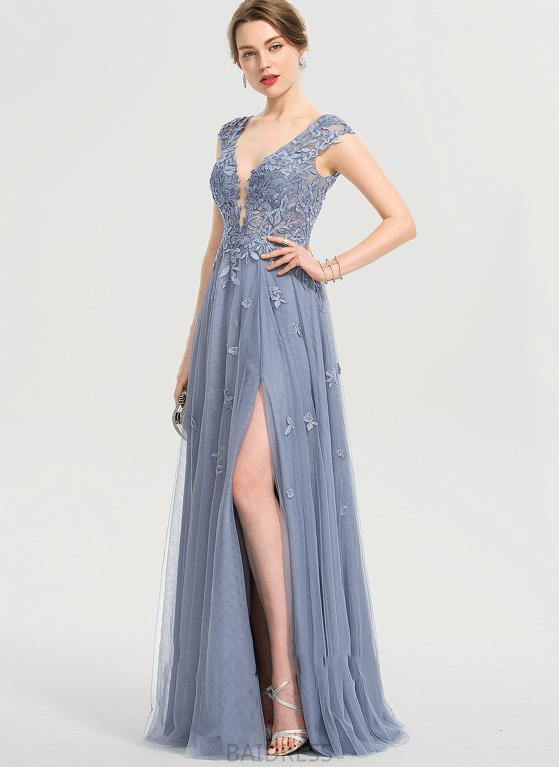Shelby Front Floor-Length Split With Prom Dresses V-neck Sequins A-Line Tulle