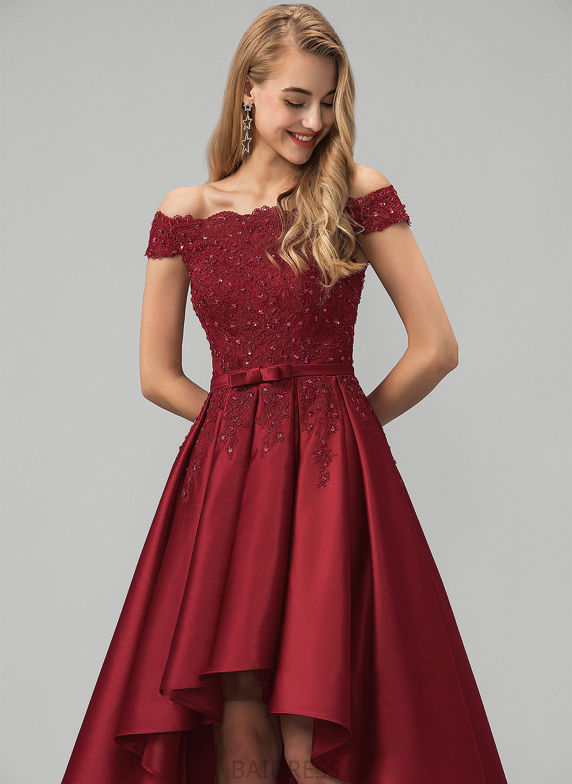 Ball-Gown/Princess Prom Dresses With Asymmetrical Off-the-Shoulder Satin Sequins Beading Bow(s) Lace Allie