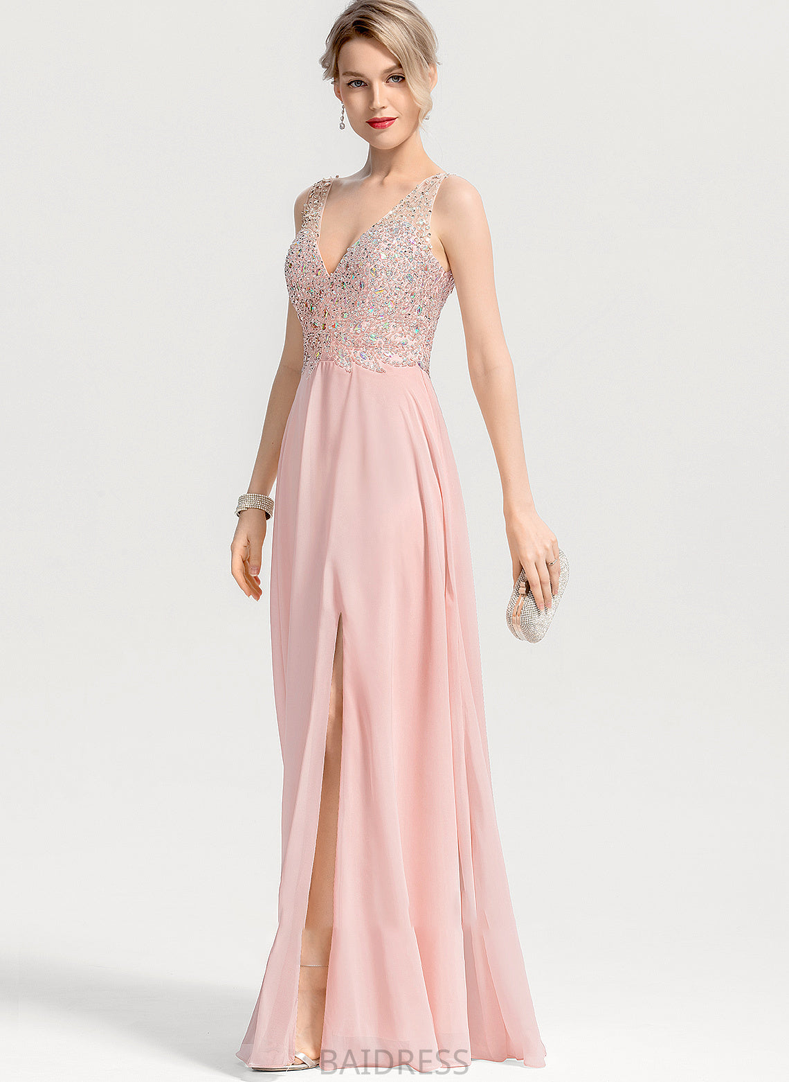 Split Front A-Line Chiffon With Sequins Floor-Length Alice Prom Dresses V-neck Beading