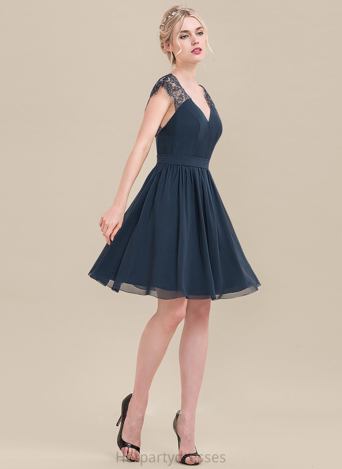 Neckline Lace A-Line Length Straps Silhouette V-neck Knee-Length Fabric Liberty Floor Length Natural Waist Bridesmaid Dresses