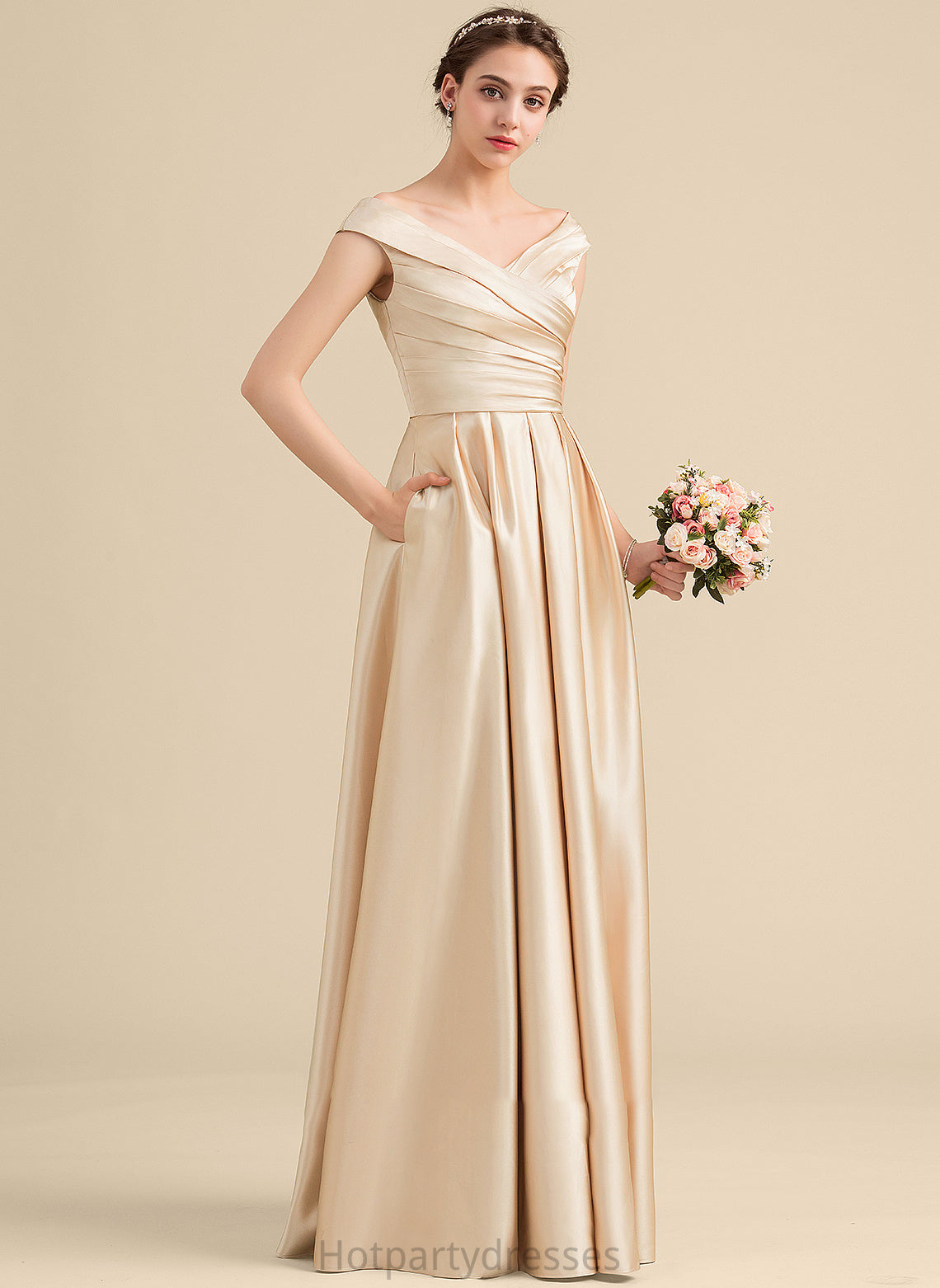 Length A-Line Off-the-Shoulder Fabric Pockets Embellishment Floor-Length Ruffle Neckline Silhouette Samantha Natural Waist Bridesmaid Dresses
