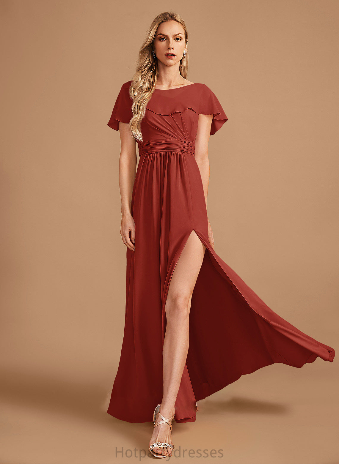 Length Fabric SplitFront HighNeck Floor-Length Ruffle A-Line Silhouette Embellishment Neckline Valentina Satin Bridesmaid Dresses