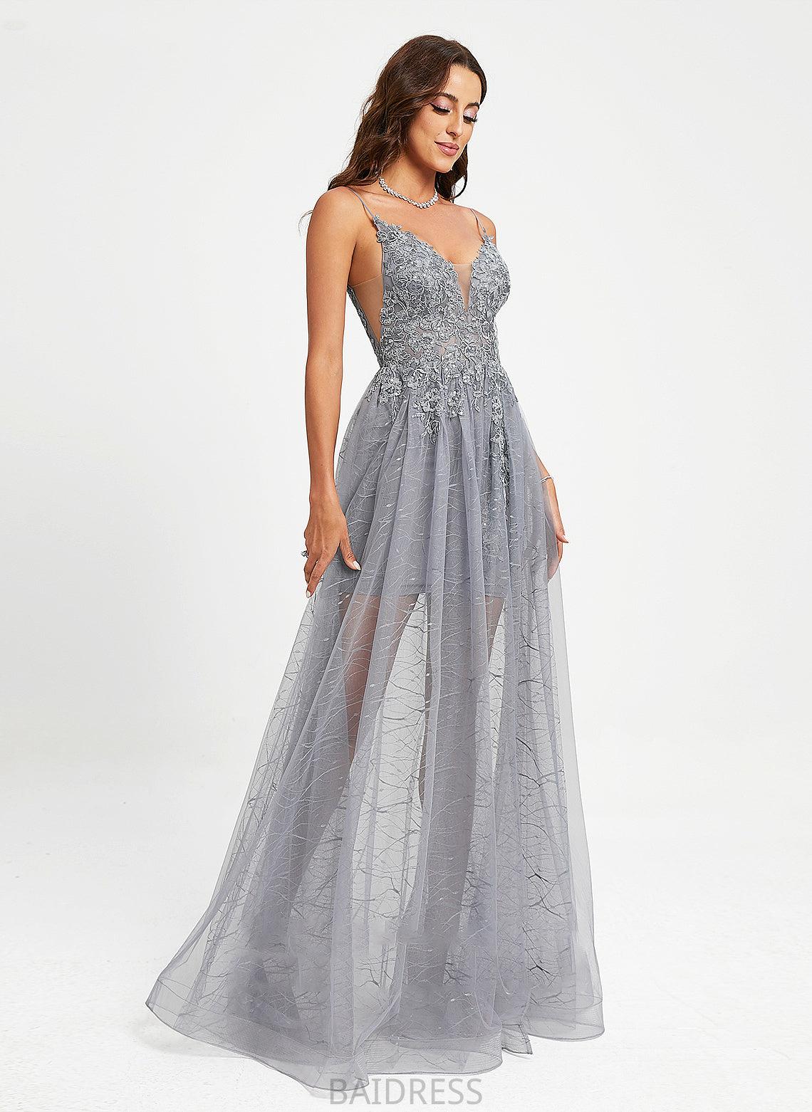Tatiana V-neck Tulle Sequins With Lace Ball-Gown/Princess Prom Dresses Floor-Length