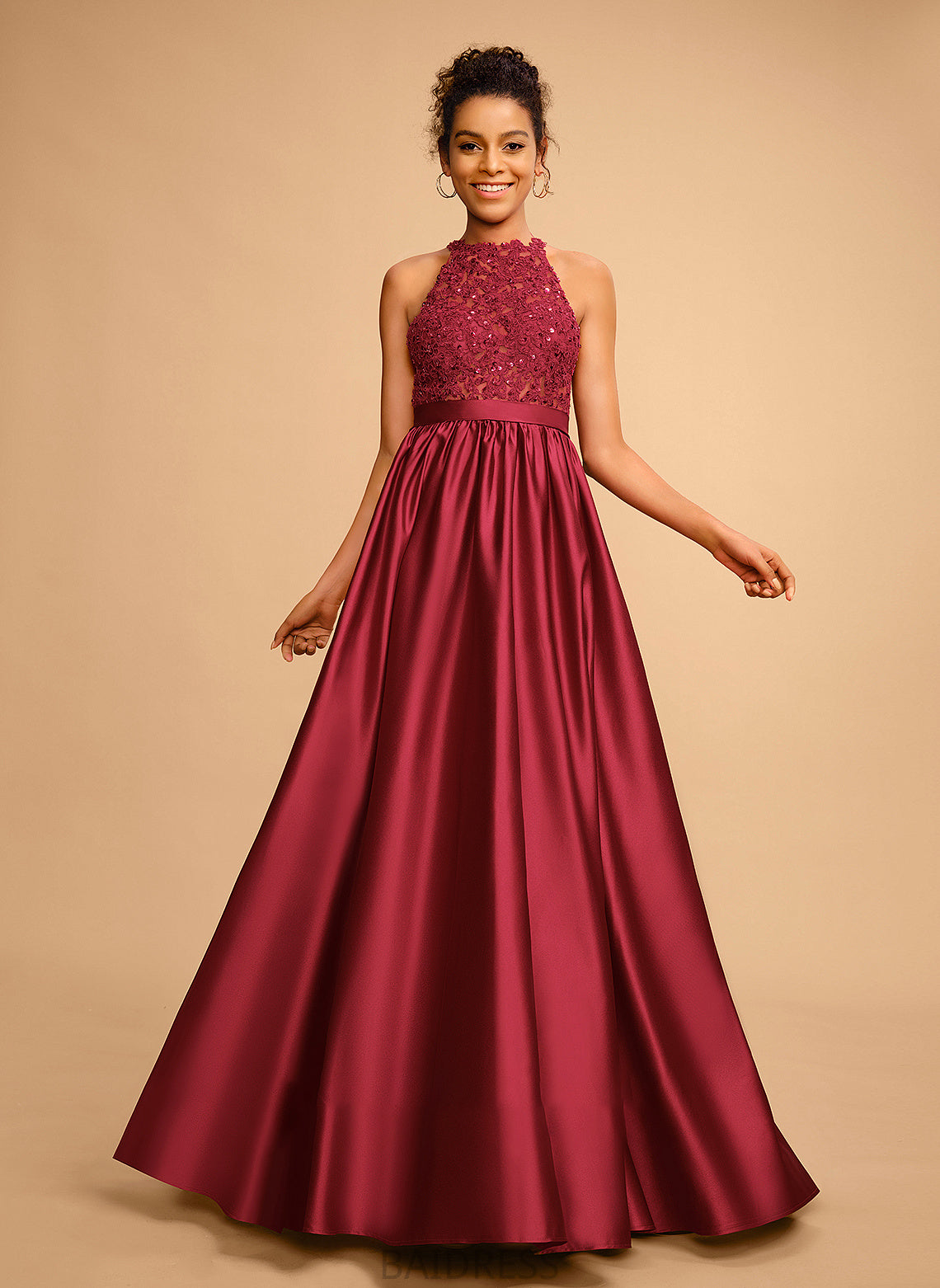 With Adison Satin Floor-Length Halter Ball-Gown/Princess Sequins Prom Dresses