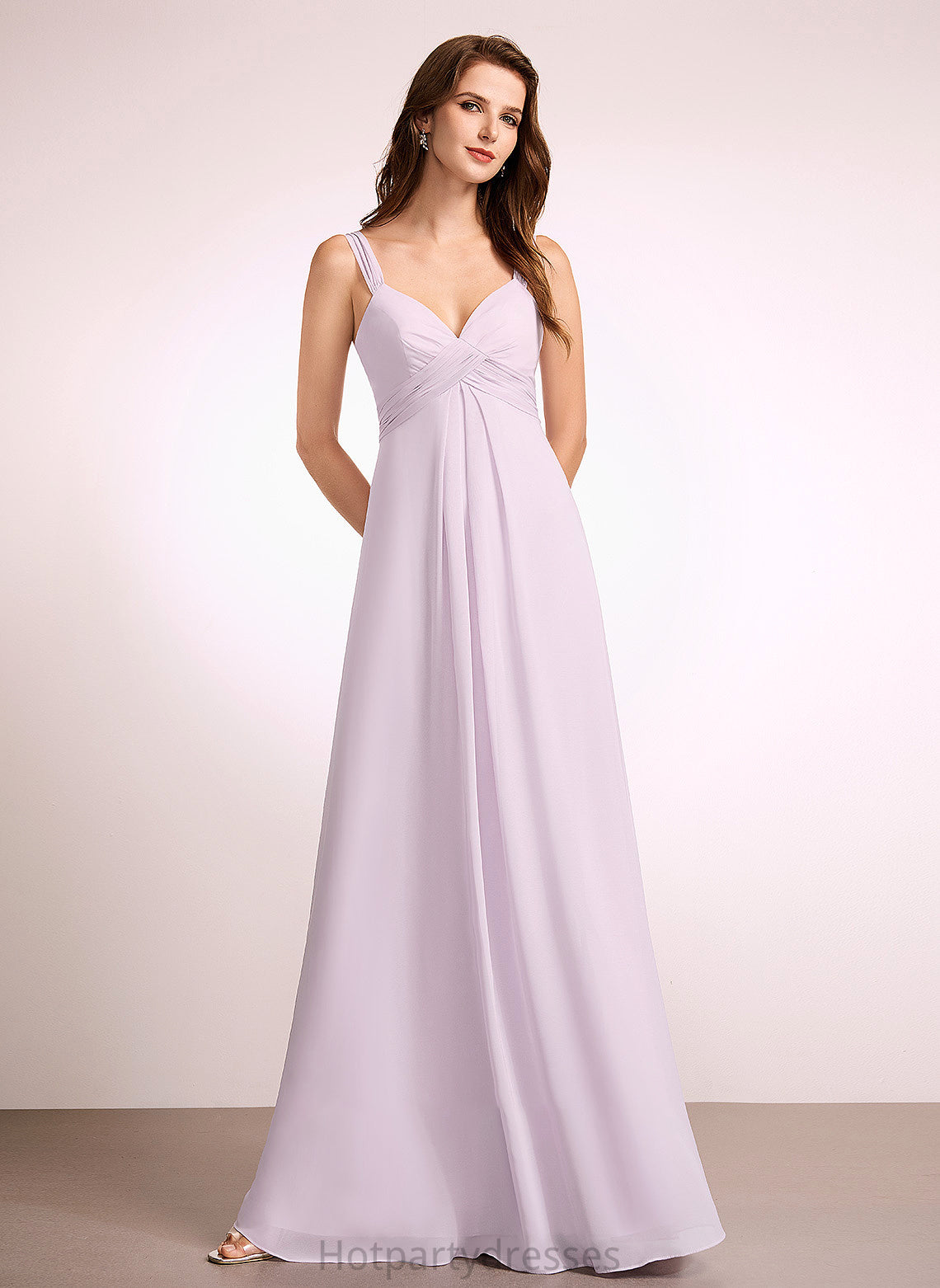 Floor-Length A-Line Ruffle Embellishment Length V-neck Silhouette Neckline Fabric Jordyn Natural Waist Sleeveless Bridesmaid Dresses