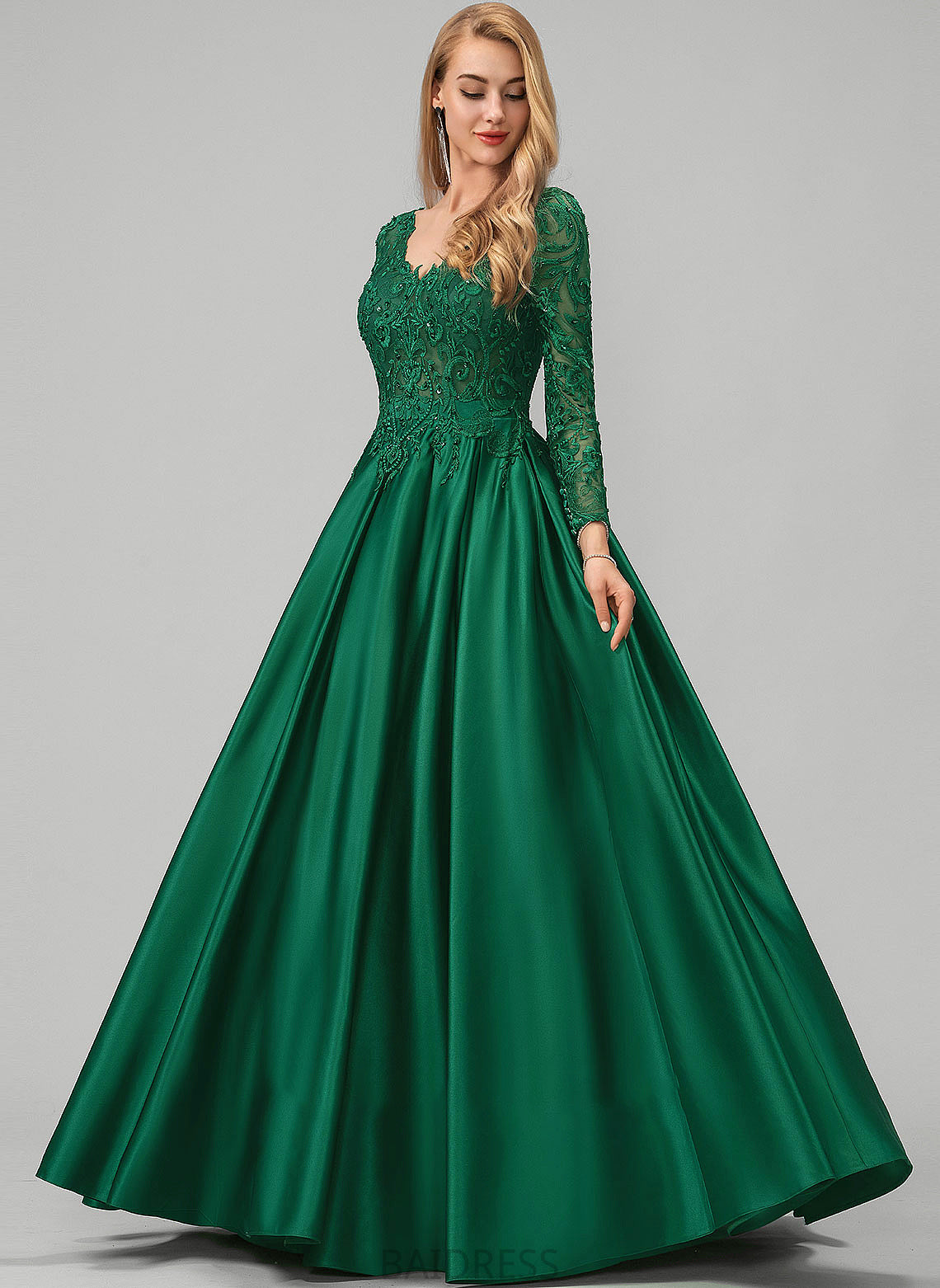 V-neck Sequins Ball-Gown/Princess Floor-Length With Pockets Beading Brielle Prom Dresses Lace Satin