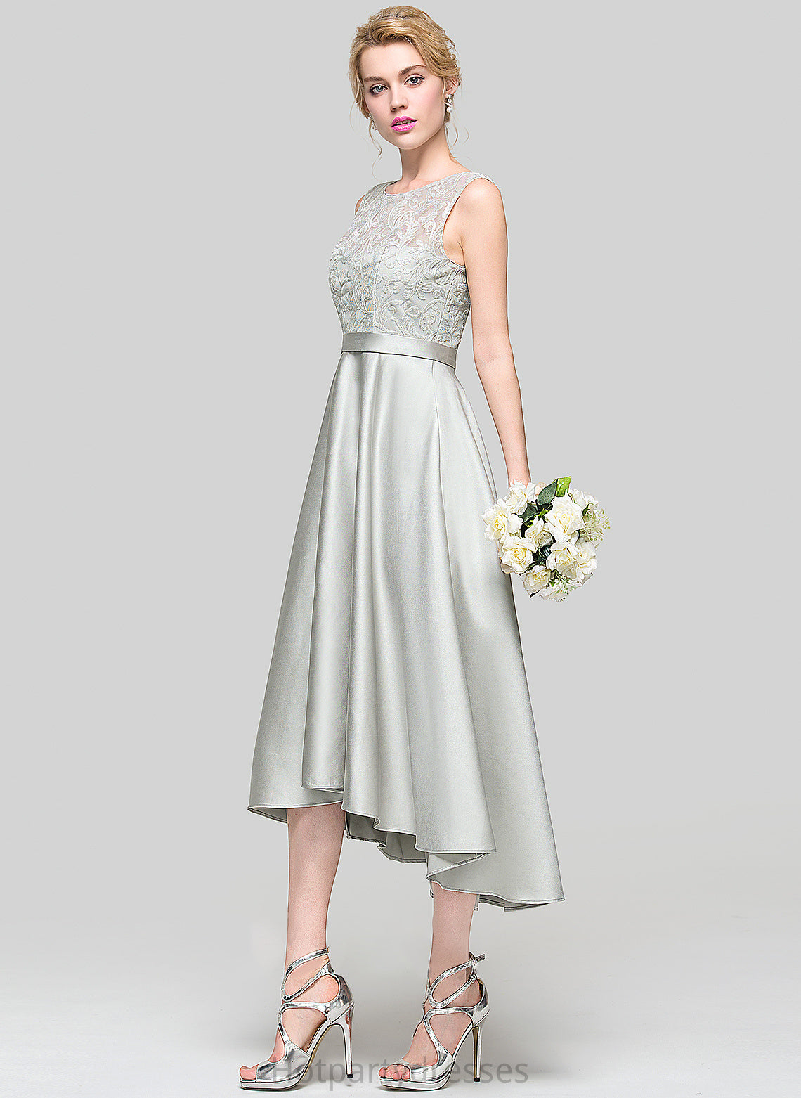 Neckline Fabric Asymmetrical Straps Silhouette A-Line Length Lace Satin ScoopNeck Kristina Floor Length Bridesmaid Dresses