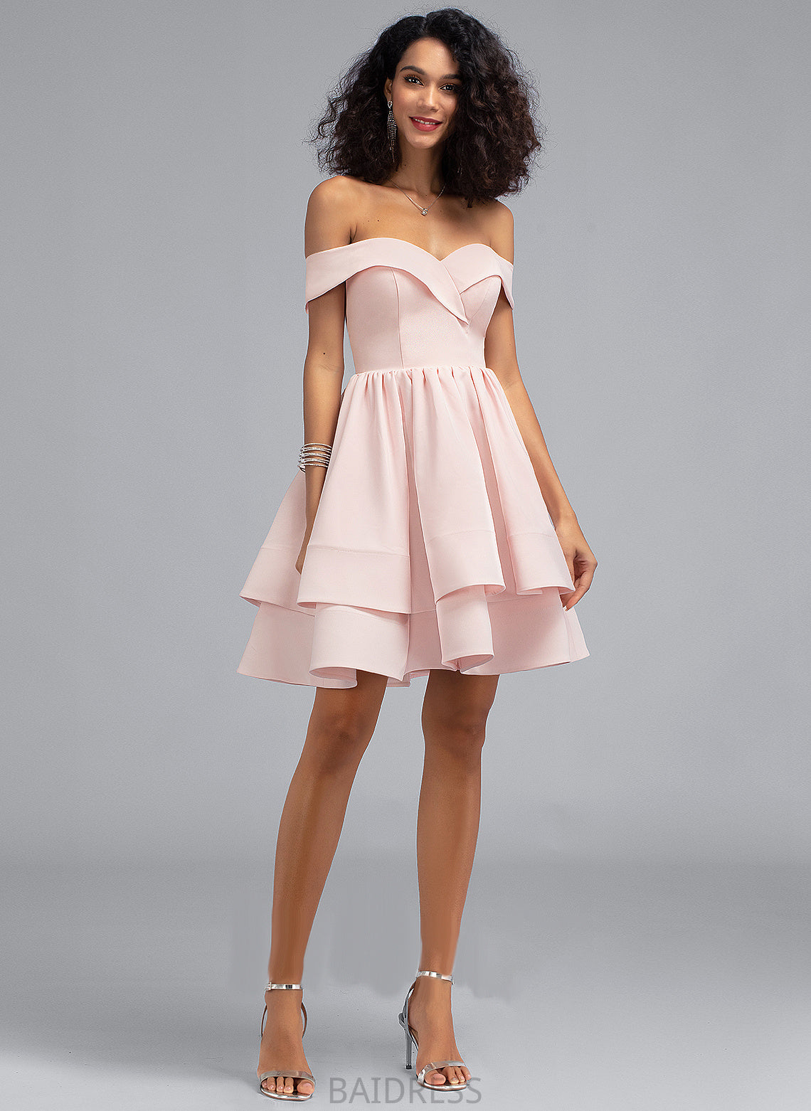 Short/Mini Stretch Juliette Ruffles Prom Dresses Cascading Off-the-Shoulder With A-Line Crepe
