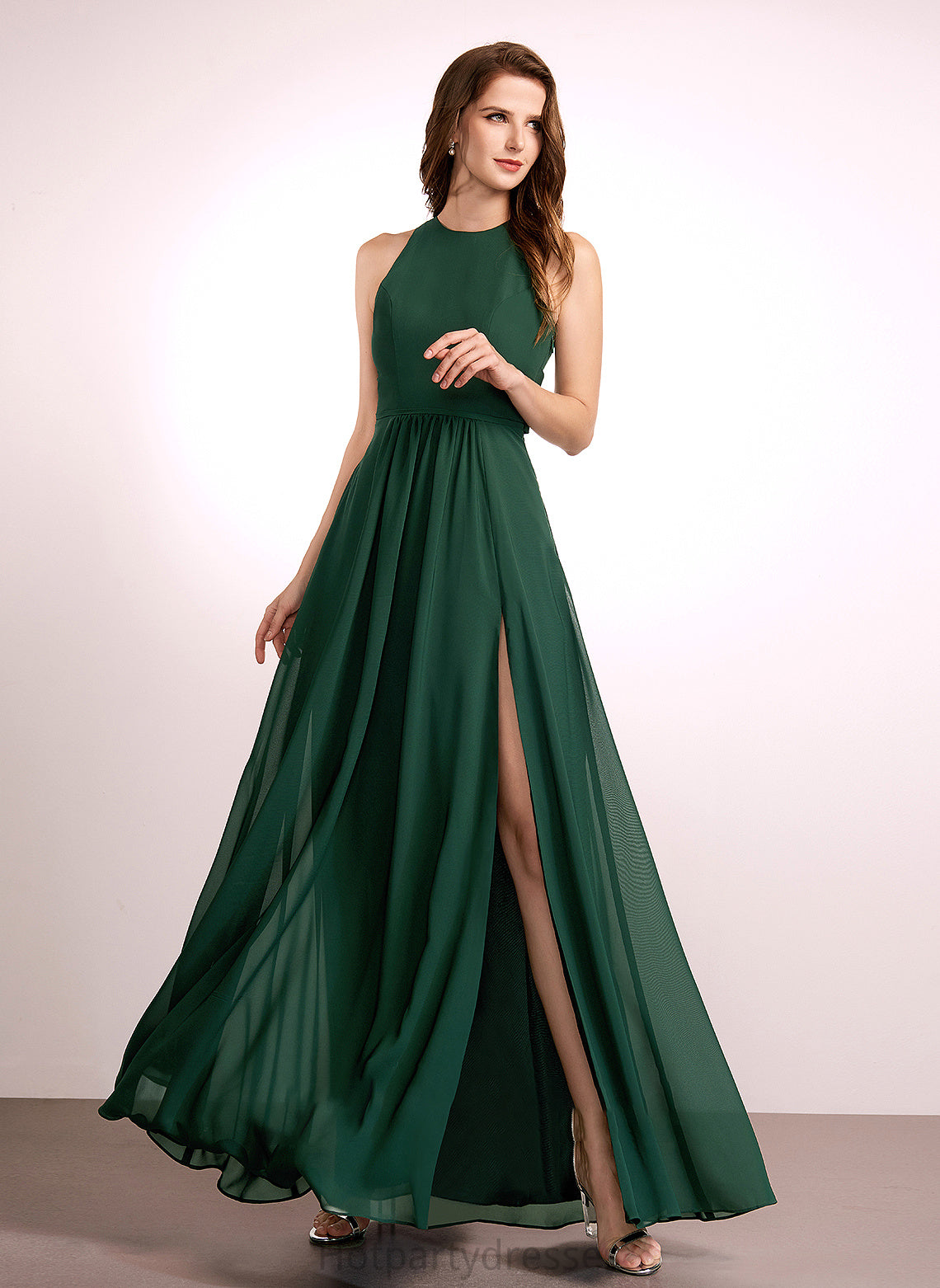 Fabric SplitFront Silhouette Length Embellishment A-Line Neckline Floor-Length HighNeck Stephany Natural Waist Sleeveless Bridesmaid Dresses