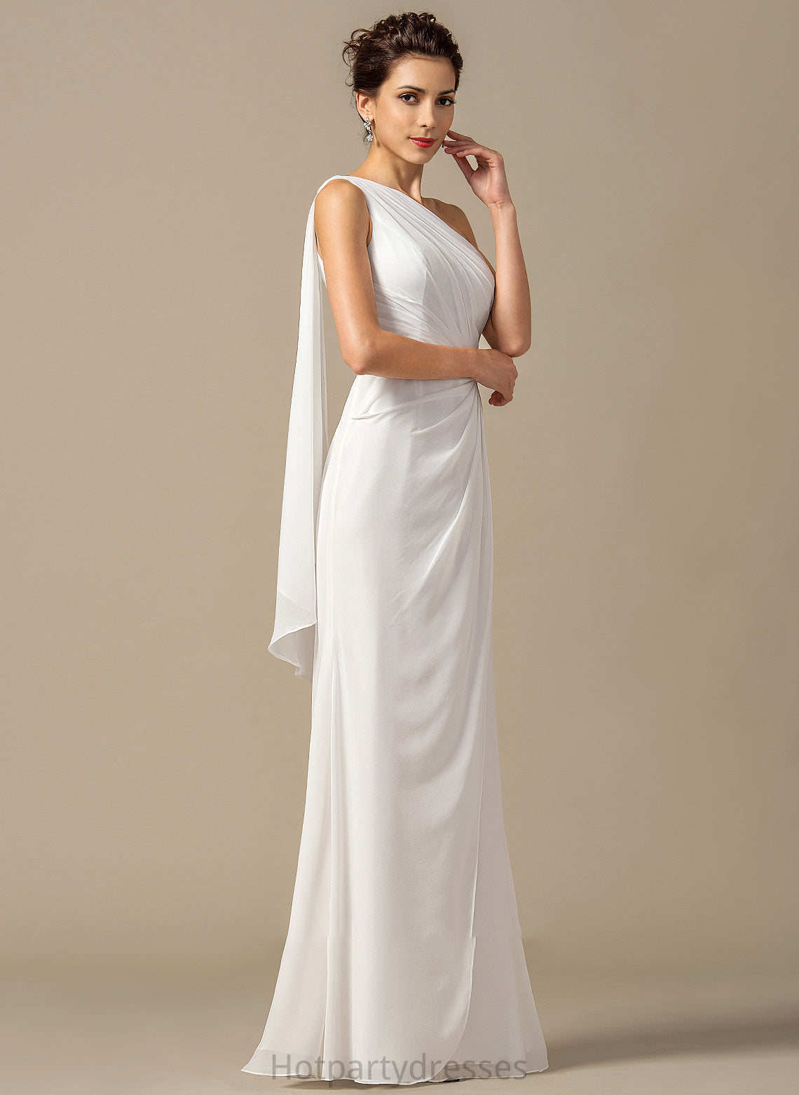 Embellishment Sheath/Column Neckline One-Shoulder Length Ruffle Floor-Length Silhouette Fabric Jacqueline Sleeveless A-Line/Princess Bridesmaid Dresses