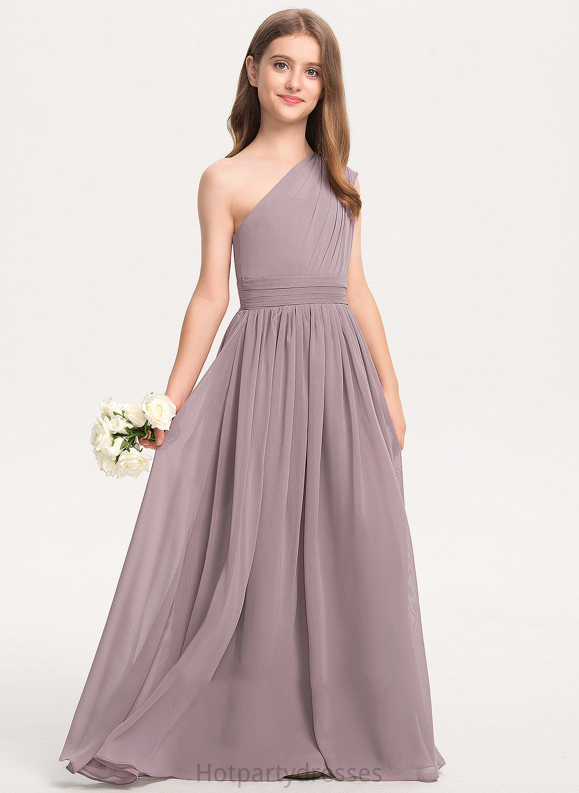 Annabella Chiffon A-Line Junior Bridesmaid Dresses One-Shoulder Floor-Length With Ruffle