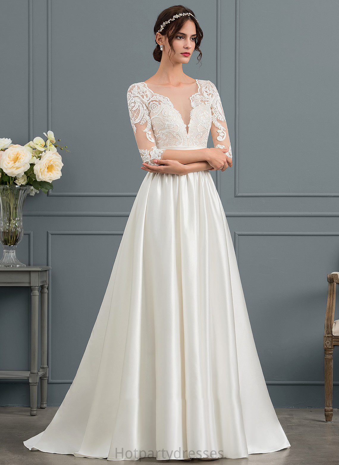Court Hayley Train Neck Wedding Ruffle Scoop Dress Wedding Dresses With Satin Ball-Gown/Princess