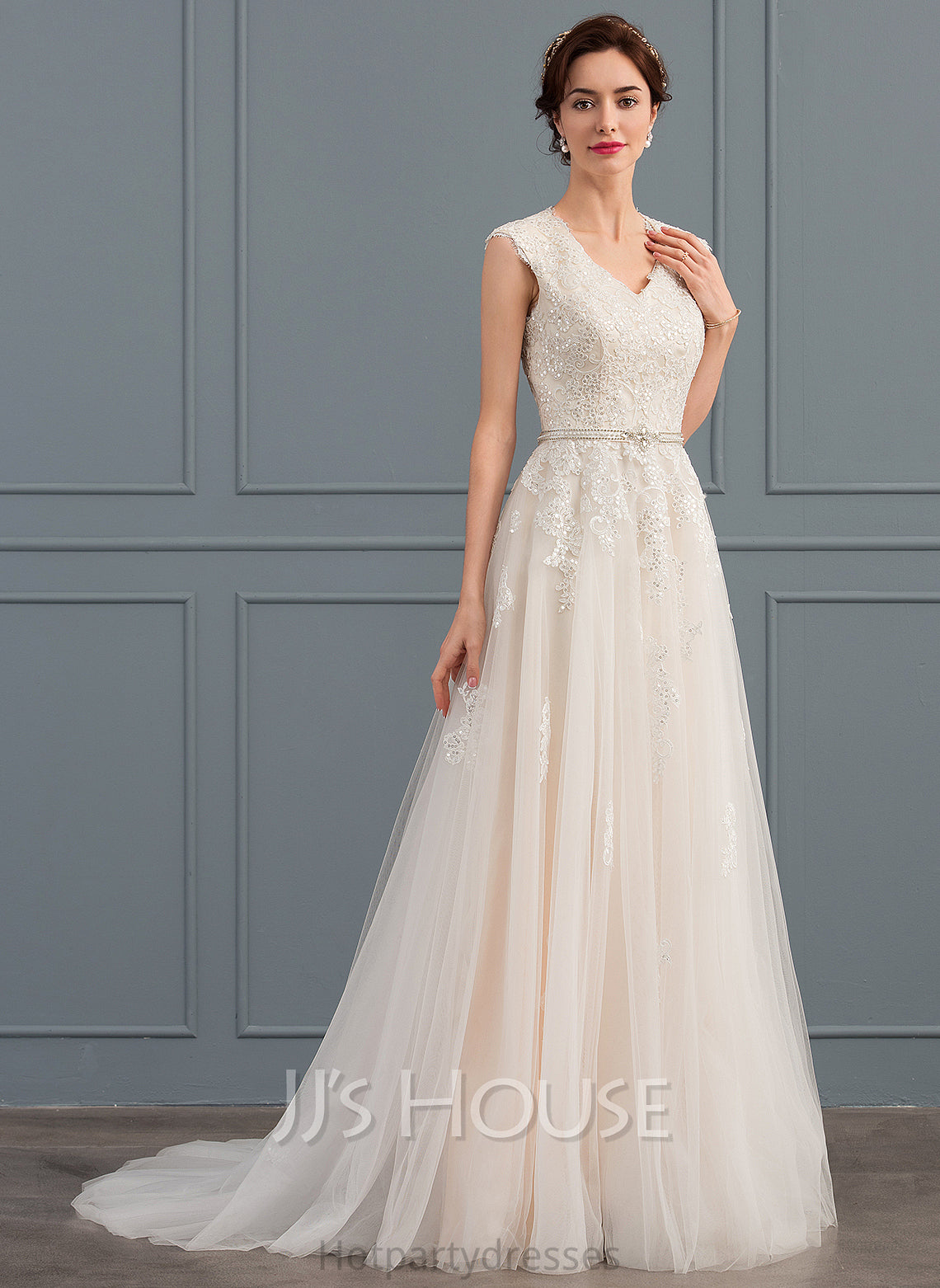 With Tulle Wedding Sequins Bow(s) V-neck Kristin Beading A-Line Dress Sweep Train Wedding Dresses