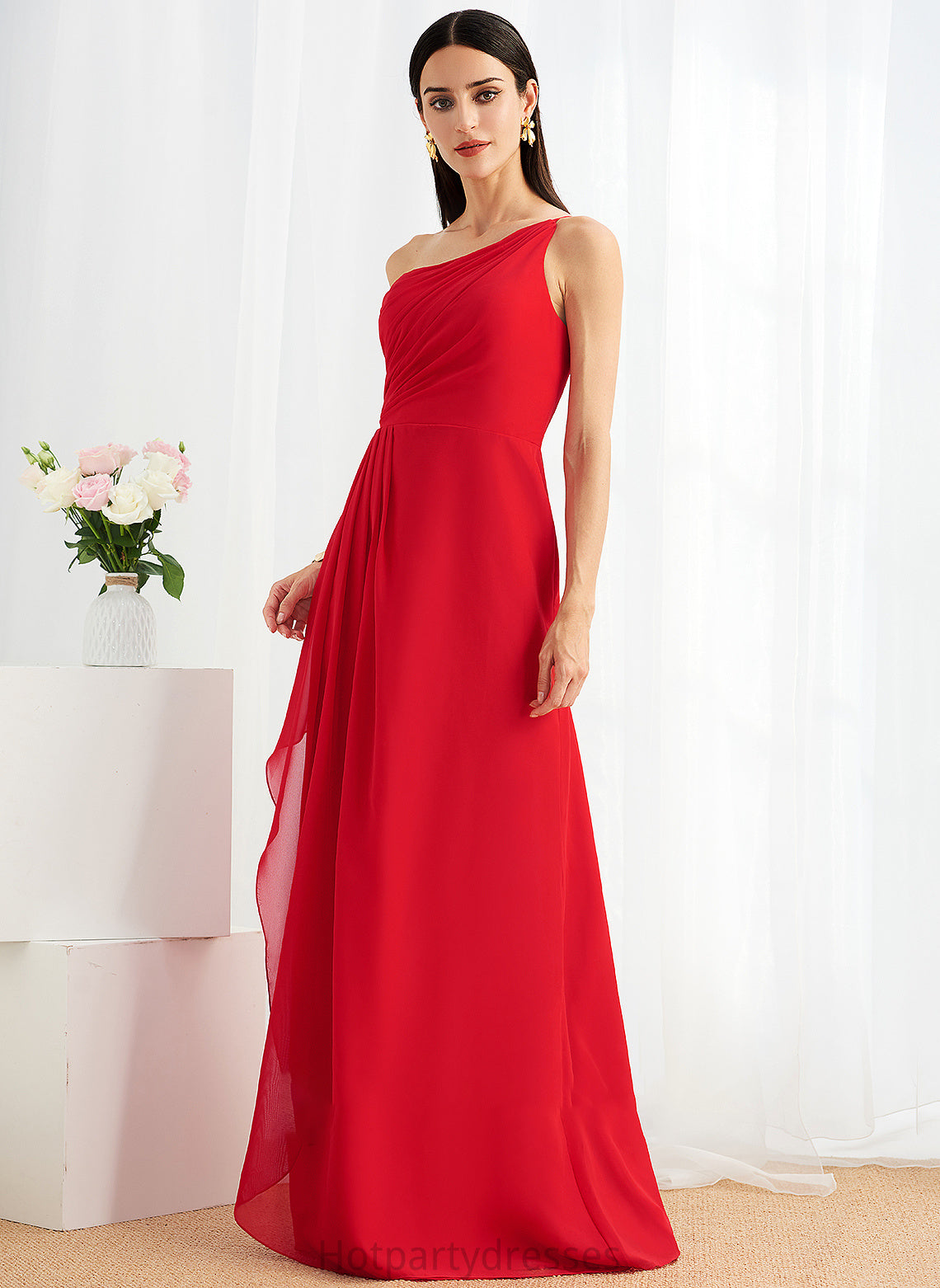 A-Line Embellishment Ruffle SplitFront One-Shoulder Silhouette Floor-Length Fabric Neckline Length Fiona Spaghetti Staps Bridesmaid Dresses