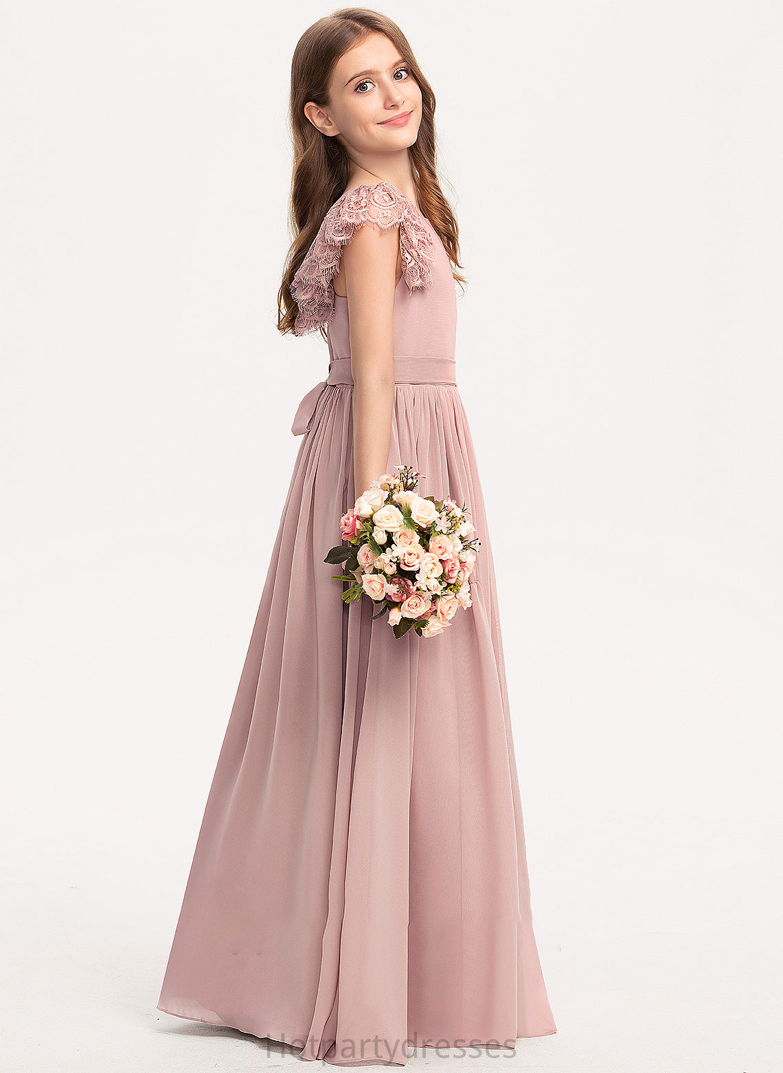 Chiffon Junior Bridesmaid Dresses Neck Kaylyn Lace With Scoop Floor-Length Bow(s) A-Line