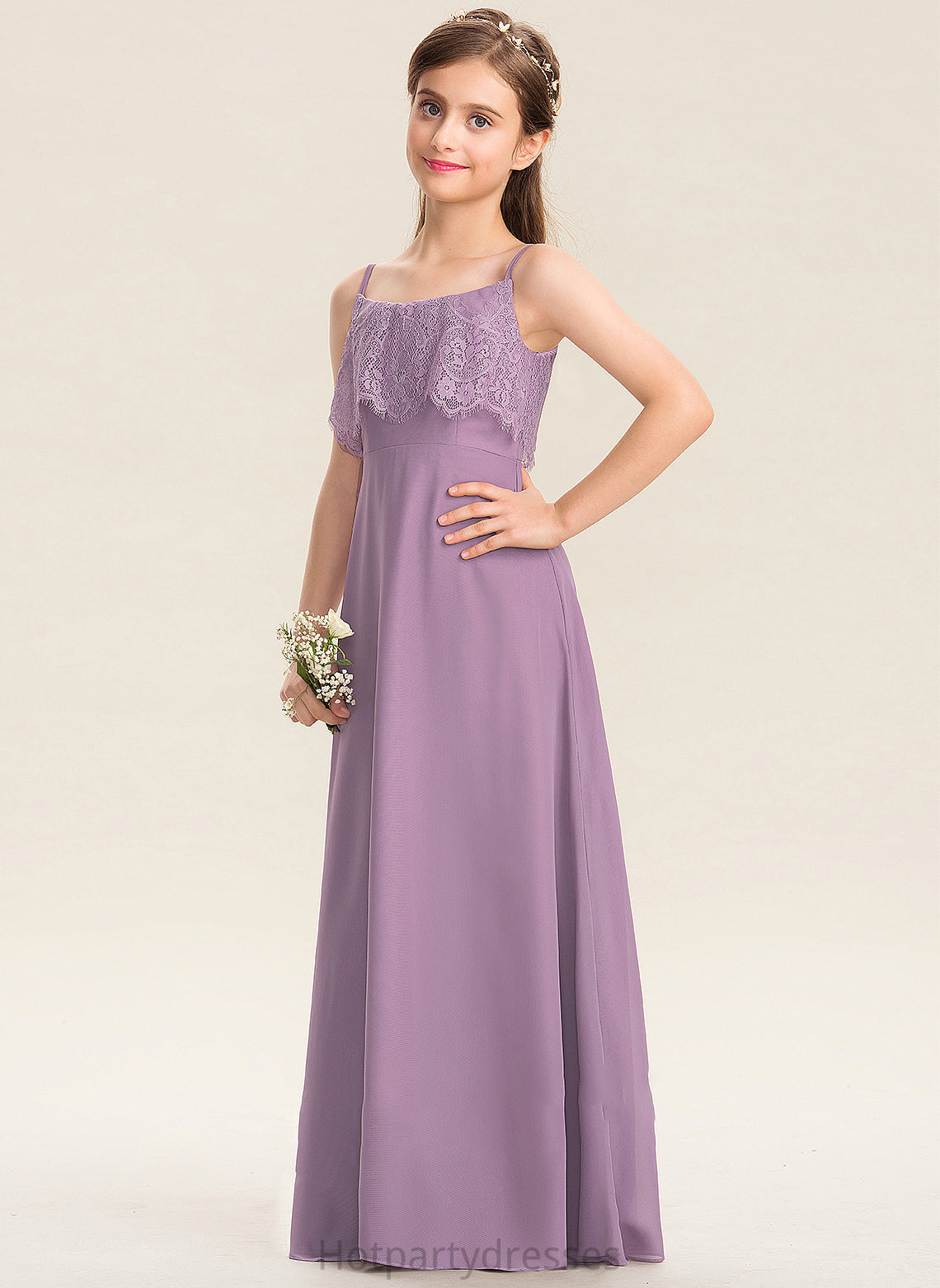A-Line Alexandria Floor-Length Neckline Chiffon Square Junior Bridesmaid Dresses Lace