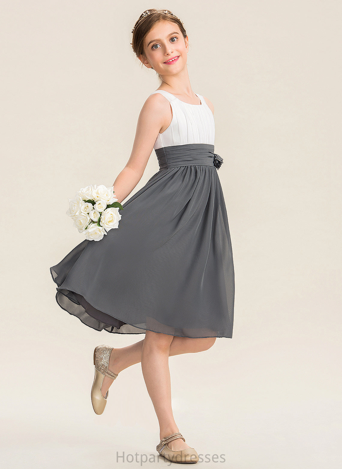 A-Line Neck Knee-Length Scoop Flower(s) Shayna Chiffon Junior Bridesmaid Dresses With Ruffle