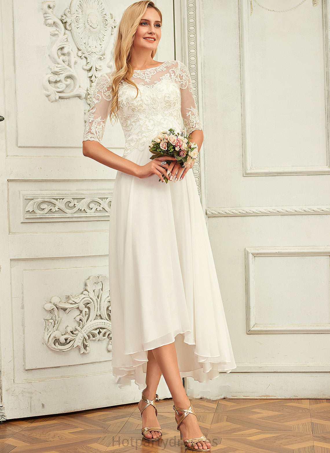 Scoop Neck Dress Caylee A-Line Beading Asymmetrical Wedding Dresses With Wedding Chiffon Sequins