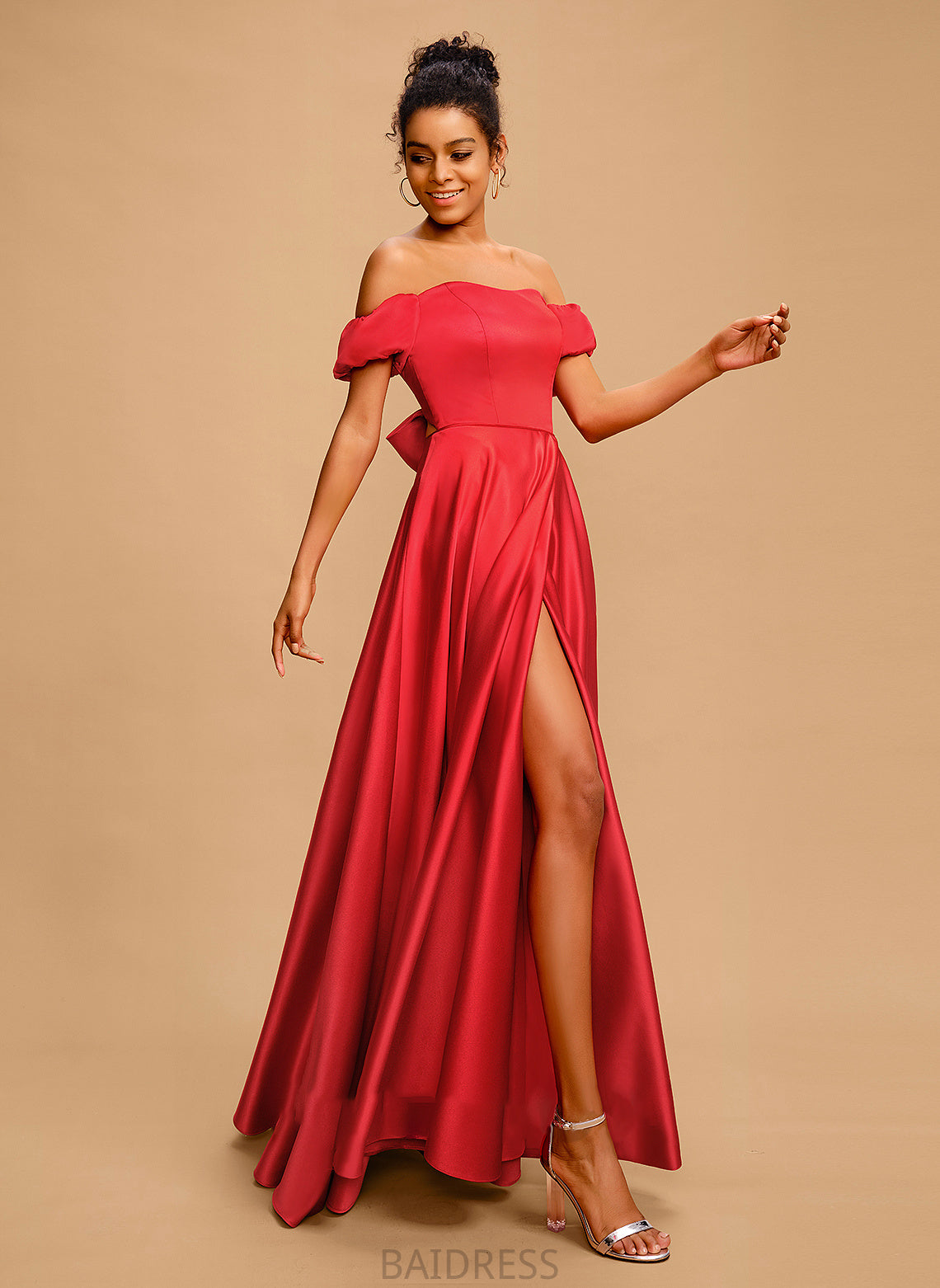 Bow(s) Sweetheart Prom Dresses Floor-Length Satin Off-the-Shoulder With Kimberly Ball-Gown/Princess
