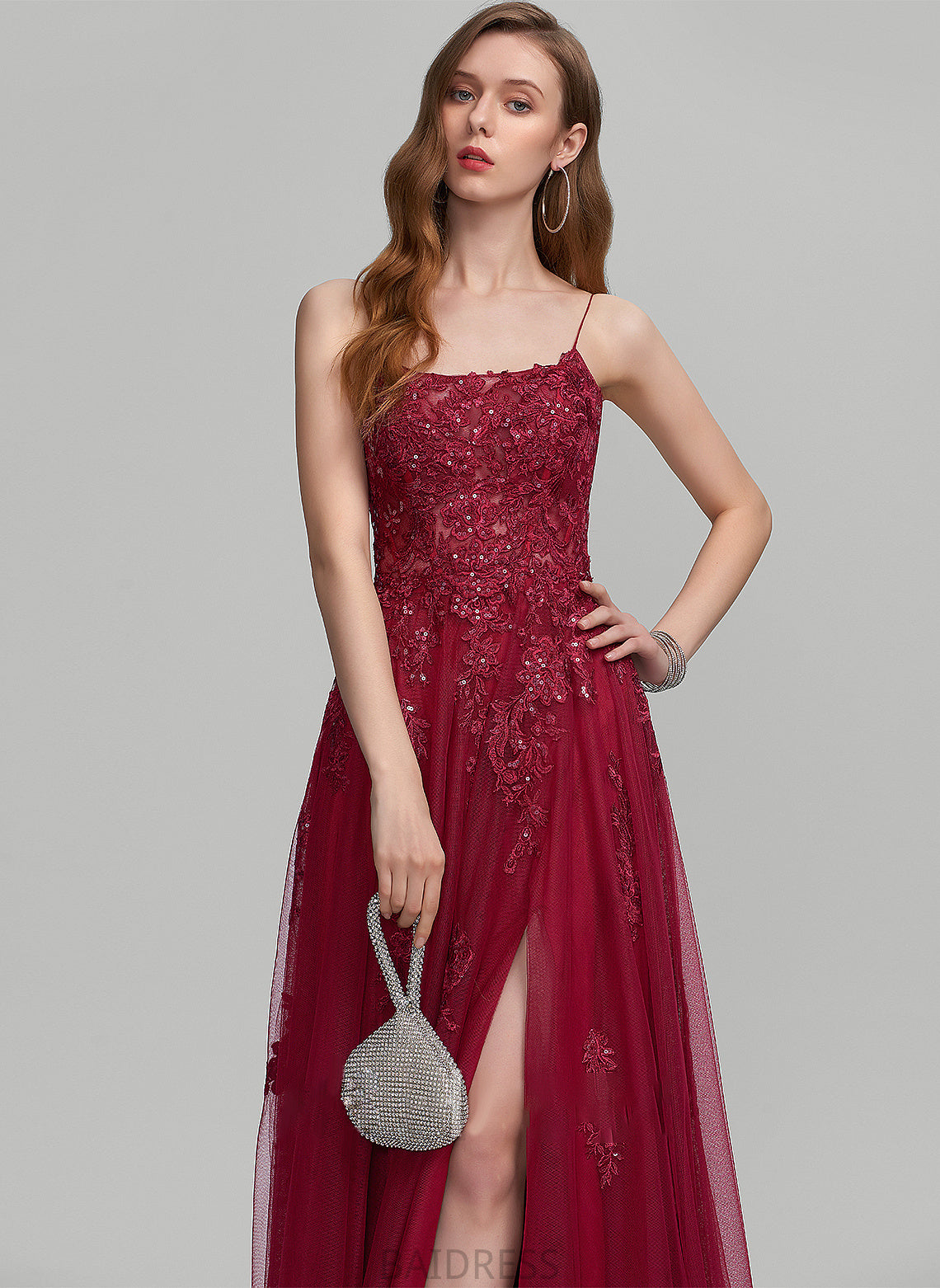 Square A-Line Neckline Prom Dresses Desiree Split With Sequins Floor-Length Front Tulle