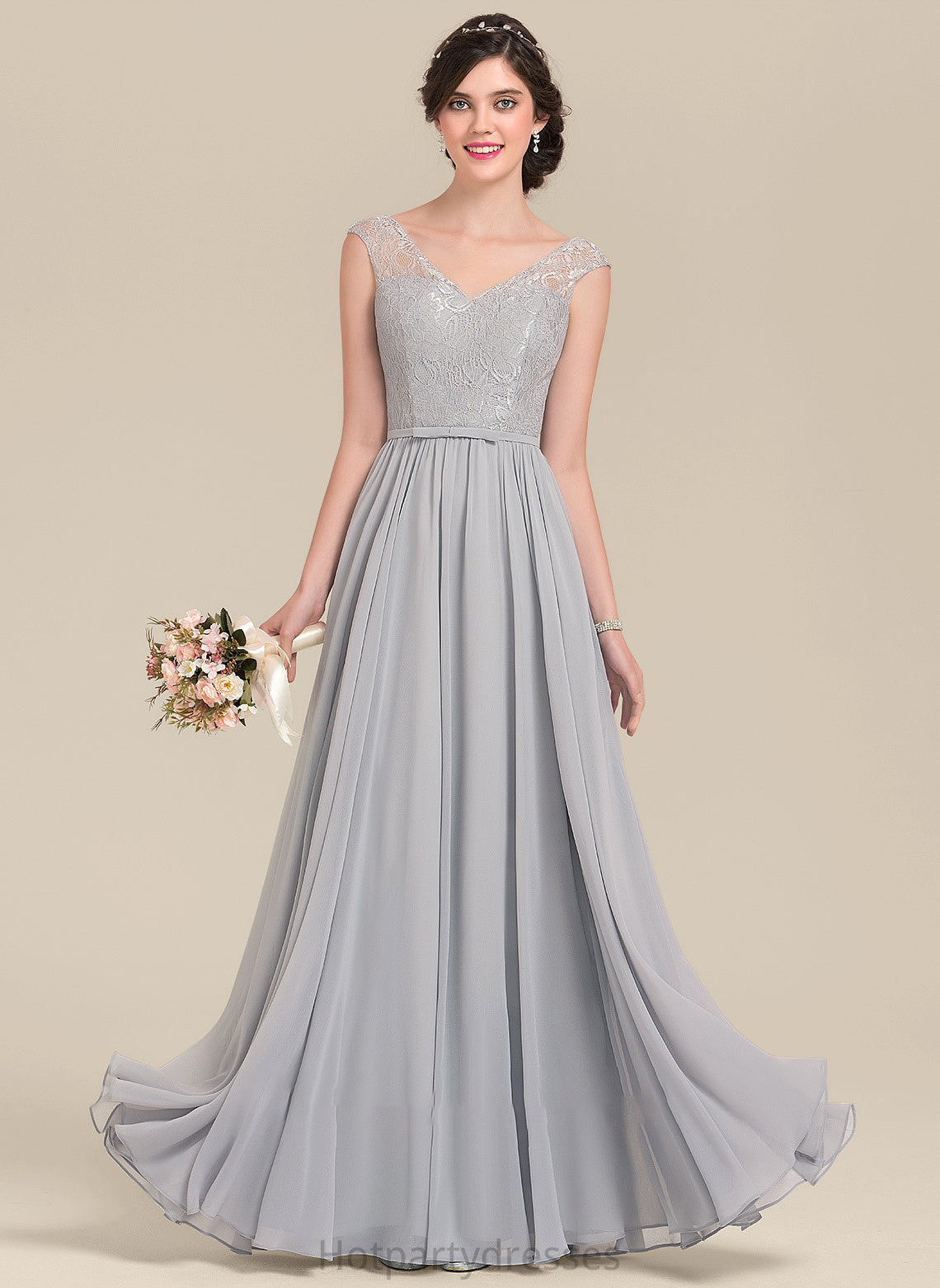 Bow(s) Fabric Floor-Length Silhouette Length Embellishment A-Line Neckline V-neck Jimena V-Neck Sleeveless Bridesmaid Dresses