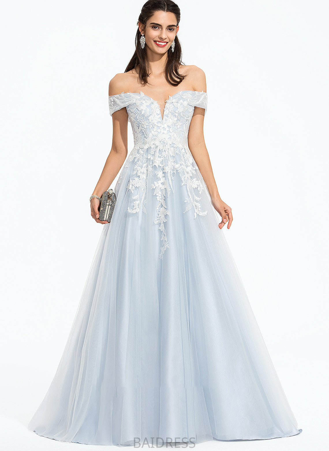 Hillary Prom Dresses Ball-Gown/Princess Sequins Off-the-Shoulder With Sweep Tulle Train