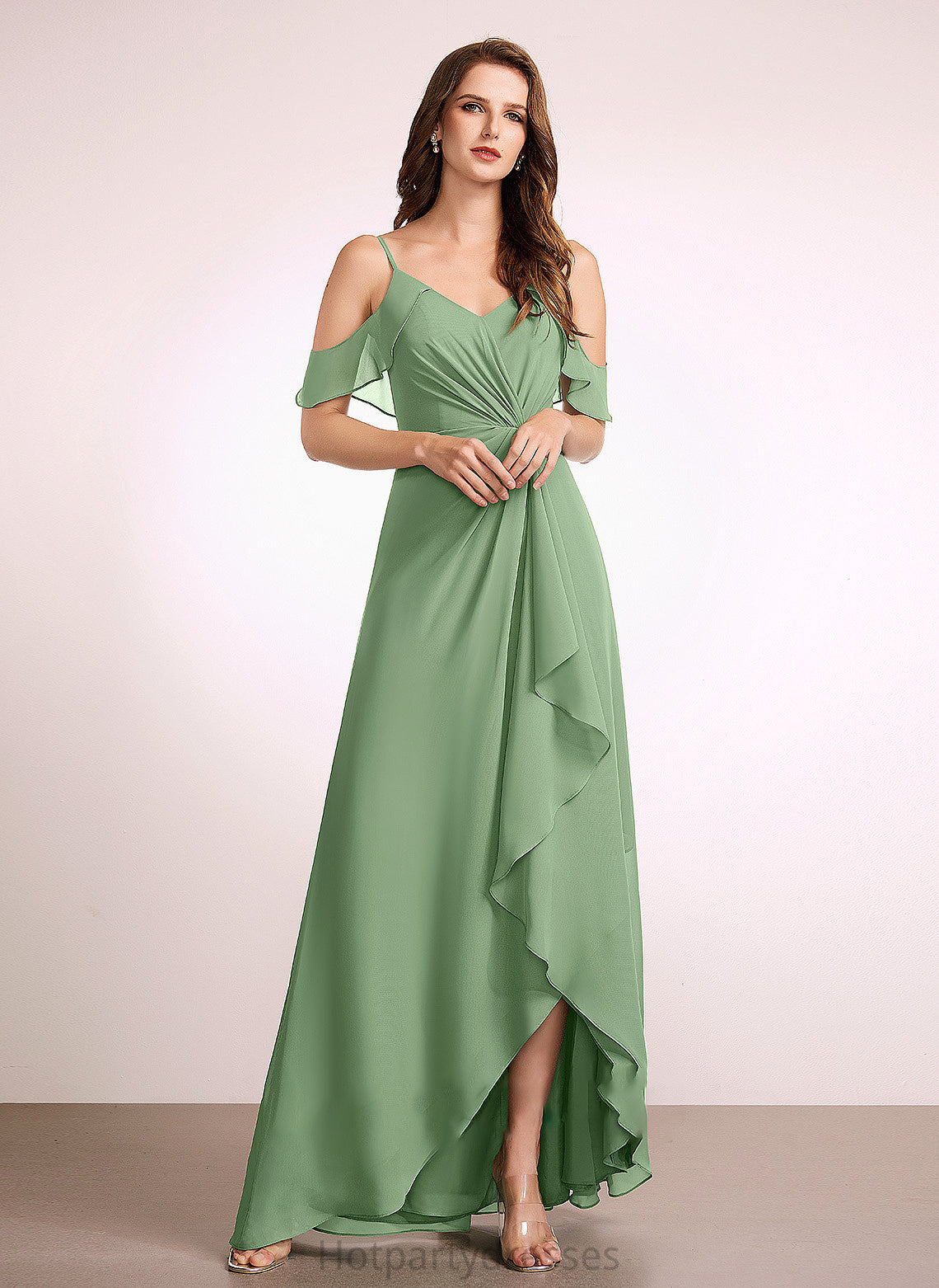 Silhouette A-Line Length V-neck Neckline Fabric SplitFront Asymmetrical Embellishment Karli Natural Waist A-Line/Princess Bridesmaid Dresses