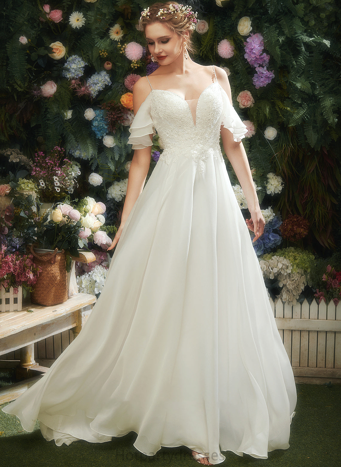Sequins A-Line Dress Maya Train Court Ruffle Wedding Dresses With Sweetheart Wedding Beading
