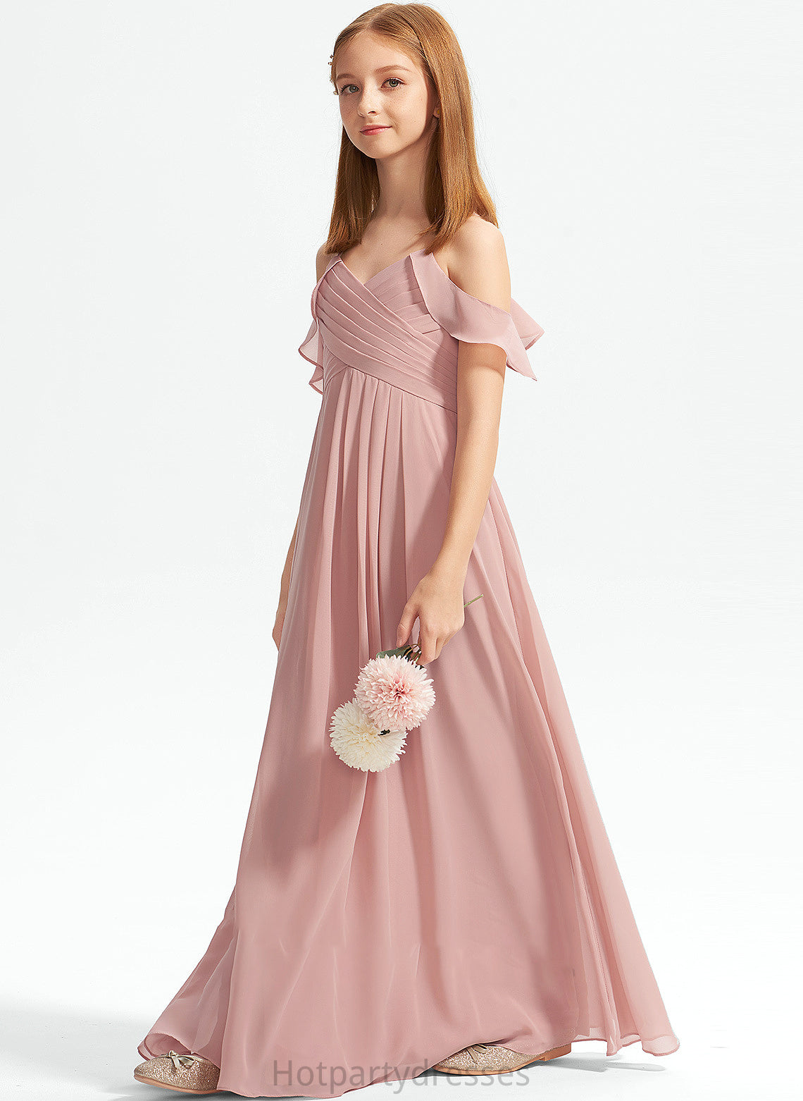A-Line Junior Bridesmaid Dresses With Off-the-Shoulder Chiffon Ruffles Floor-Length Cascading Elizabeth