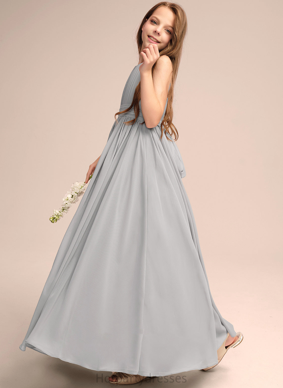 Ruffle Neck Scoop Floor-Length Junior Bridesmaid Dresses Bow(s) Alena With Chiffon A-Line
