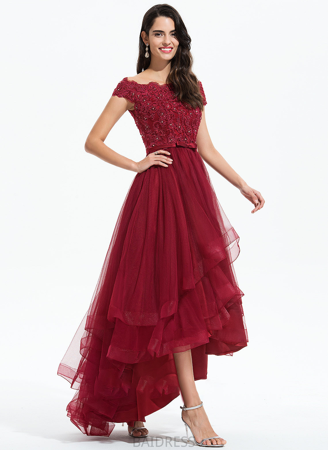 Off-the-Shoulder Beading Sequins With Bow(s) Lexi Prom Dresses Ball-Gown/Princess Tulle Asymmetrical