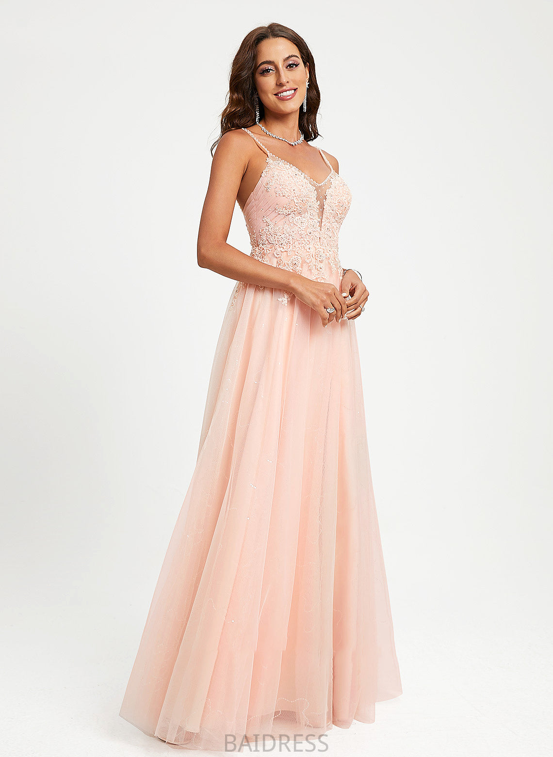 Bria With Floor-Length Tulle V-neck Prom Dresses Lace Beading Sequins Ball-Gown/Princess