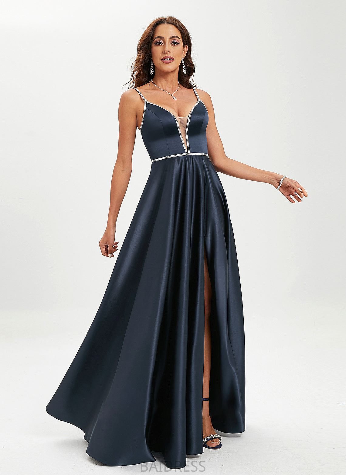 Beading Ball-Gown/Princess V-neck Prom Dresses Sequins With Satin Chasity Floor-Length
