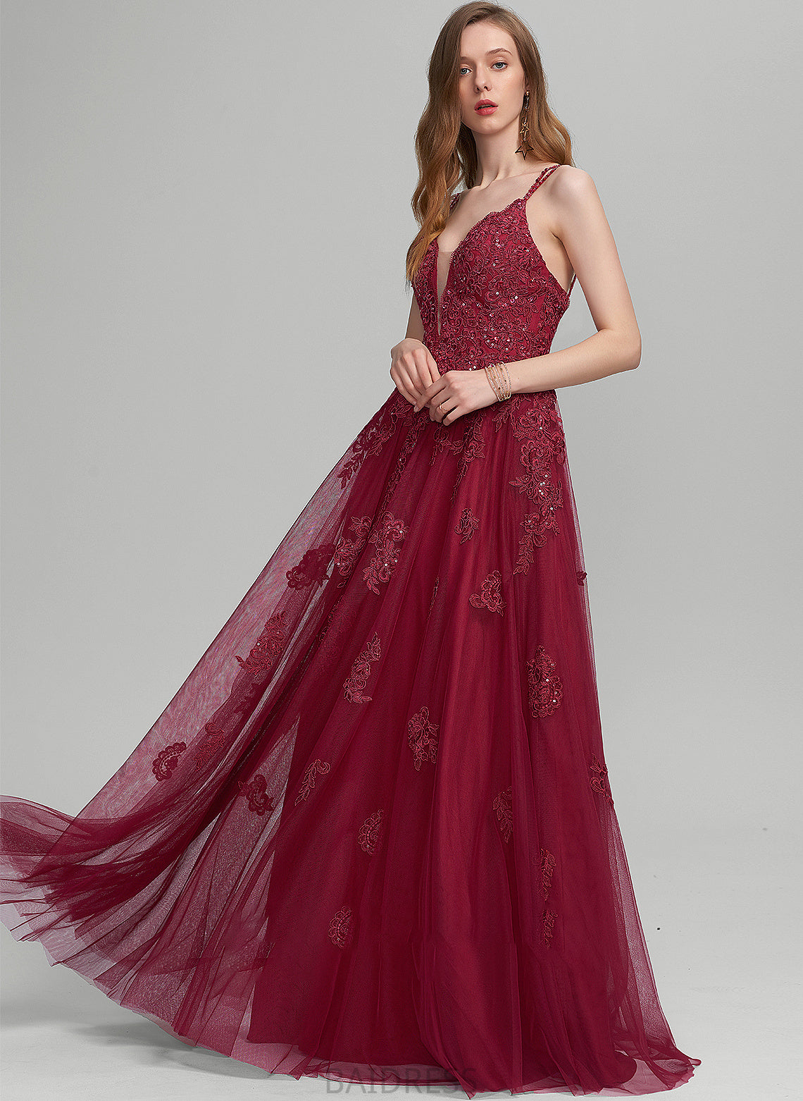 Beading V-neck Floor-Length Tulle Macey With Prom Dresses A-Line Sequins