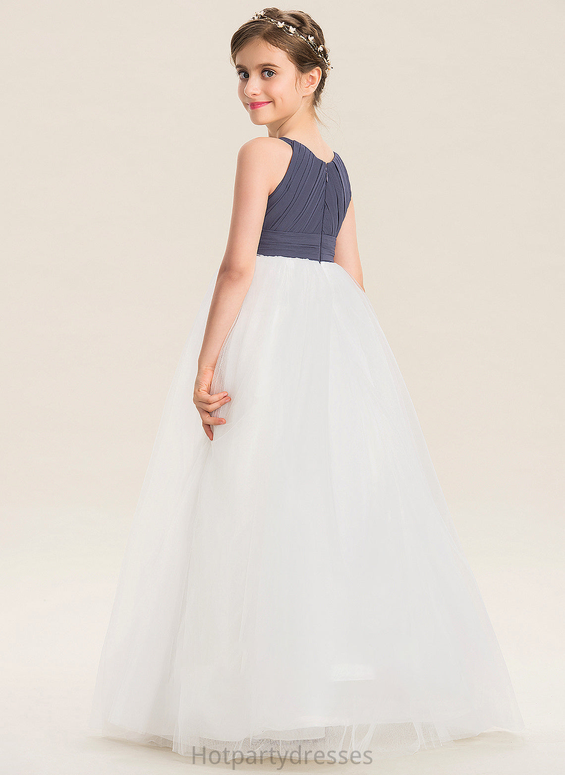 A-Line Floor-Length With Ruffle Scoop Haleigh Junior Bridesmaid Dresses Neck Chiffon Tulle