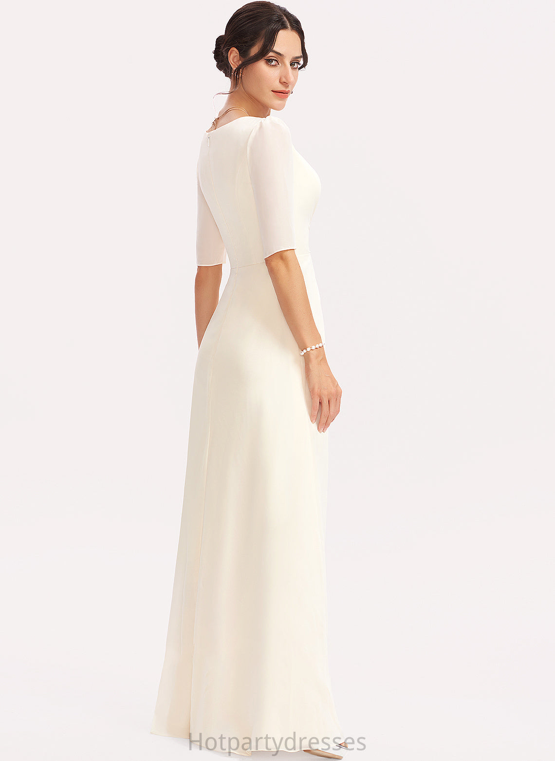 Floor-Length Silhouette Embellishment Fabric A-Line Length SplitFront Neckline V-neck Mckenna Natural Waist Sleeveless Bridesmaid Dresses