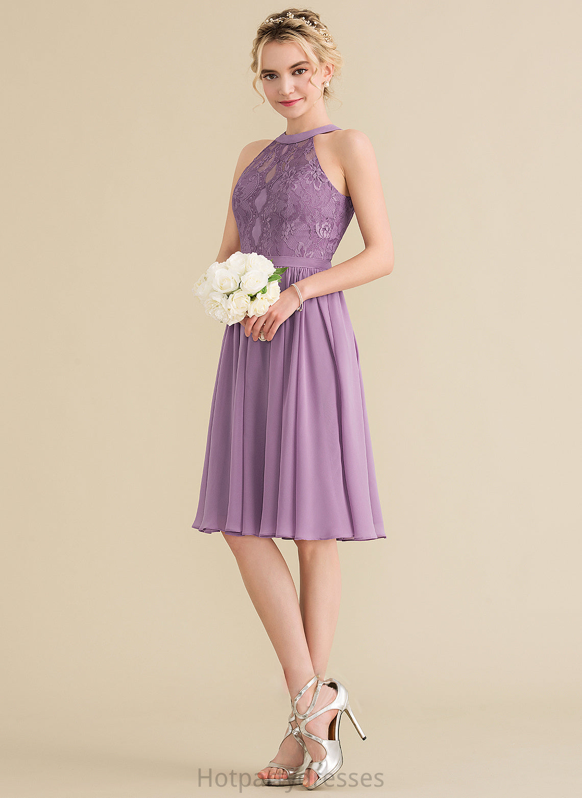 Silhouette ScoopNeck Knee-Length Straps Fabric Neckline Lace Length A-Line Nevaeh V-Neck Natural Waist Bridesmaid Dresses