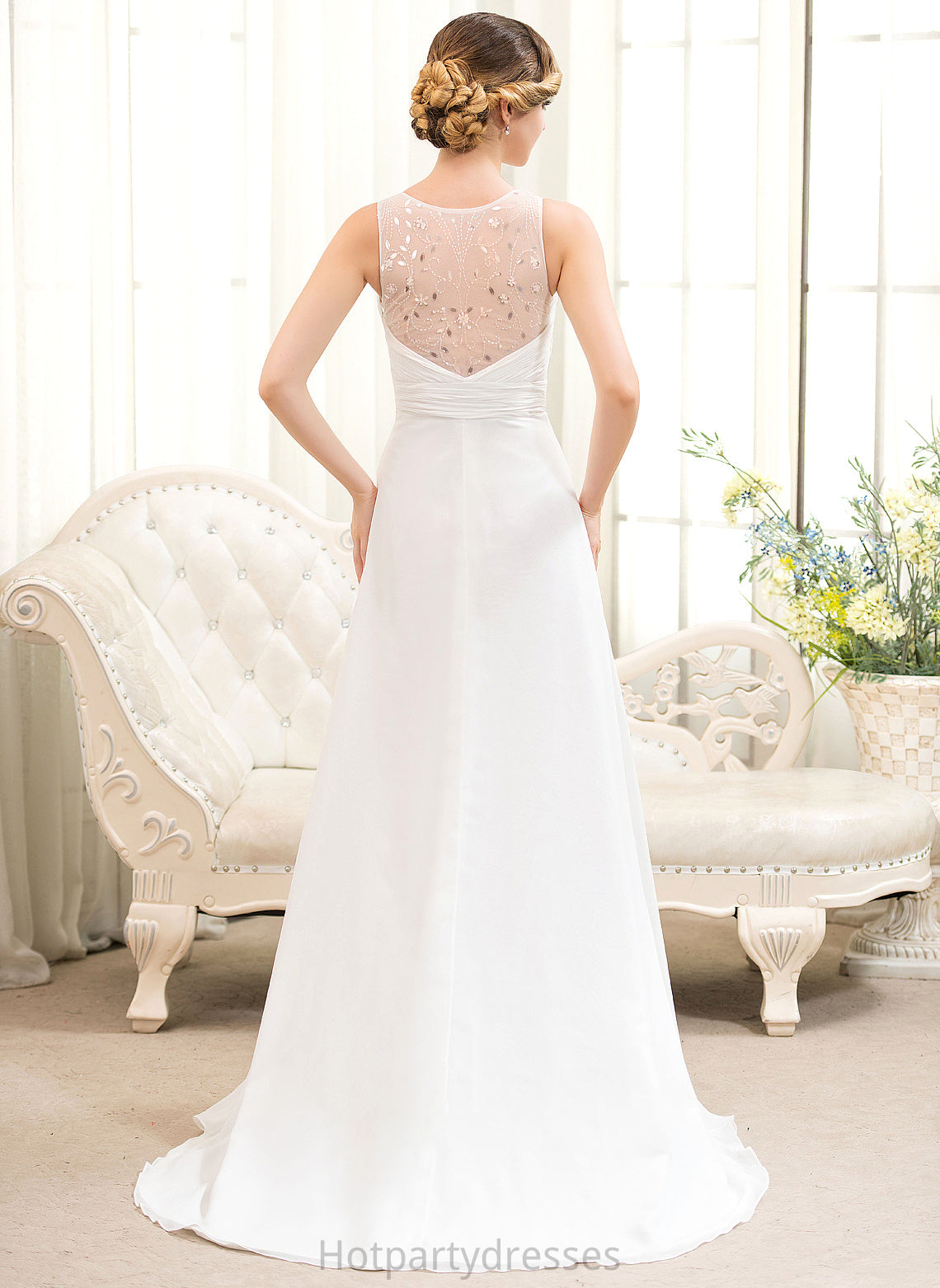 A-Line Beading Joanna Train With Sweep Wedding Dresses Chiffon V-neck Wedding Cascading Dress Ruffles Sequins