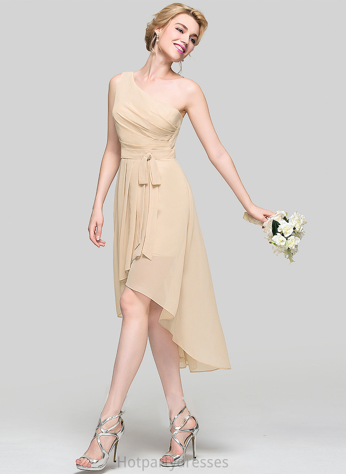 A-Line Silhouette Neckline Bow(s) CascadingRuffles Fabric One-Shoulder Asymmetrical Length Embellishment Ruffle Saige Bridesmaid Dresses