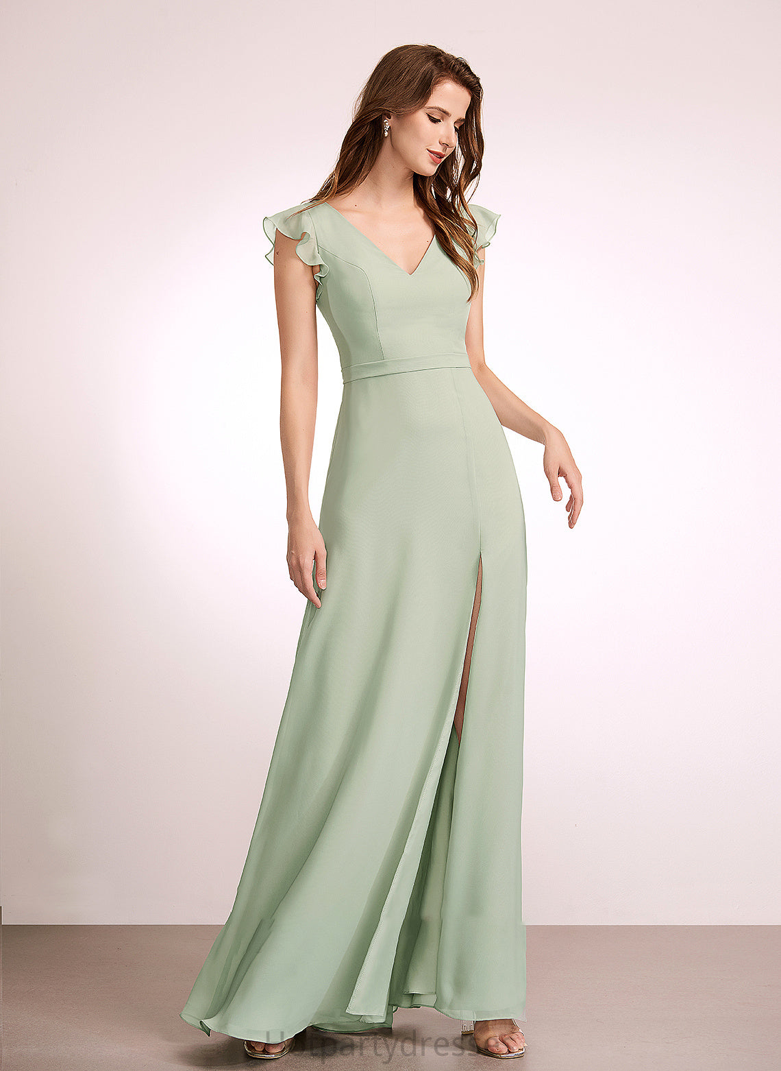 Embellishment Neckline Silhouette Length SplitFront Floor-Length A-Line Fabric V-neck Catherine Natural Waist Knee Length Bridesmaid Dresses