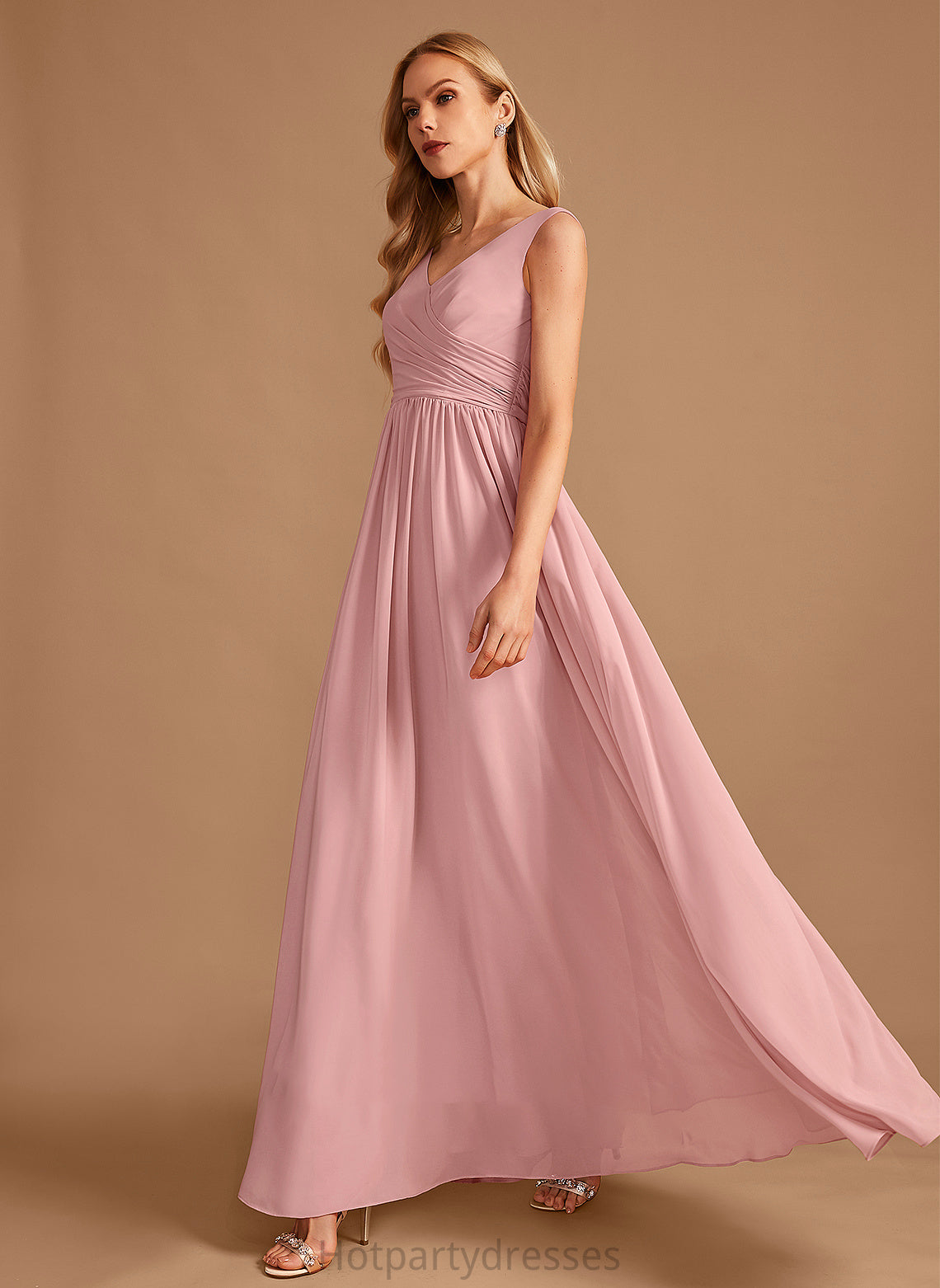 Neckline Fabric Ruffle Bow(s) A-Line Length V-neck Floor-Length Embellishment Silhouette Veronica A-Line/Princess Bridesmaid Dresses