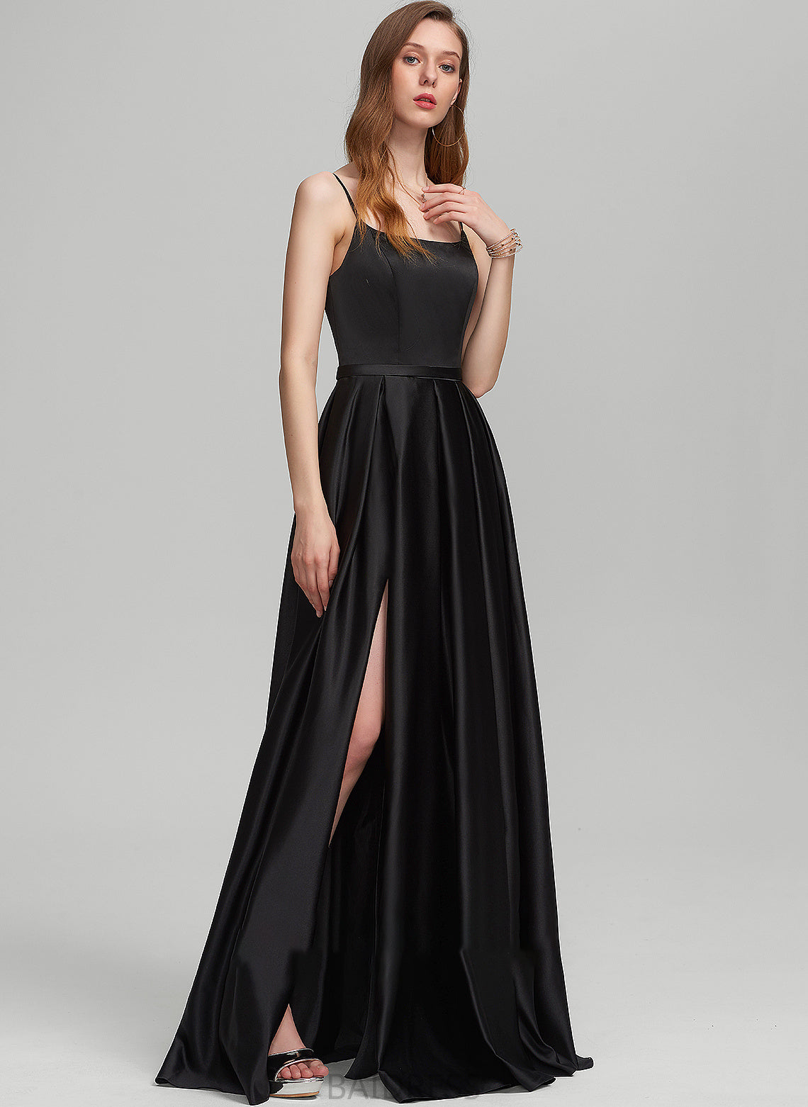 With Lilah Square Neckline Front Pockets A-Line Floor-Length Split Prom Dresses Satin