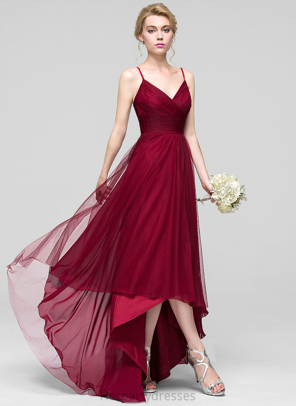 V-neck Ruffle Fabric Embellishment Length Neckline Asymmetrical A-Line Silhouette Marlee Floor Length Sleeveless Bridesmaid Dresses