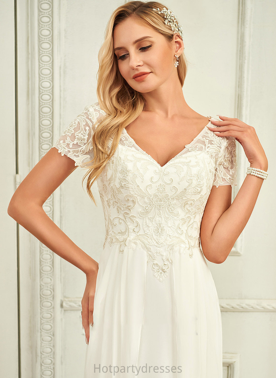 Lace Chiffon Summer Wedding Dresses Wedding Lace With V-neck Floor-Length A-Line Dress