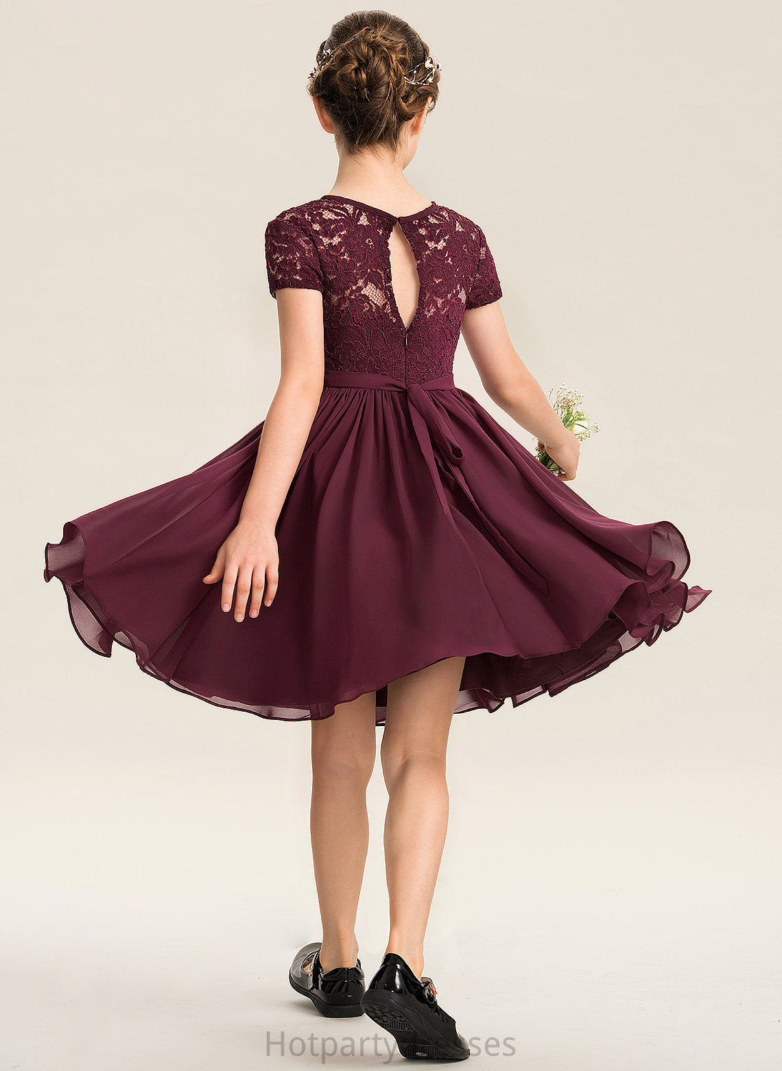 Knee-Length Bow(s) Chiffon Lace Caitlyn A-Line Neck With Junior Bridesmaid Dresses Scoop