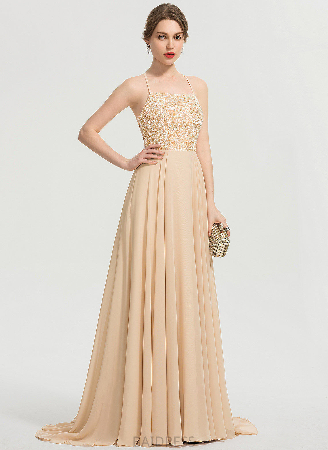 Sequins Beading Train Lucy Sweep Neckline A-Line Prom Dresses With Square Chiffon